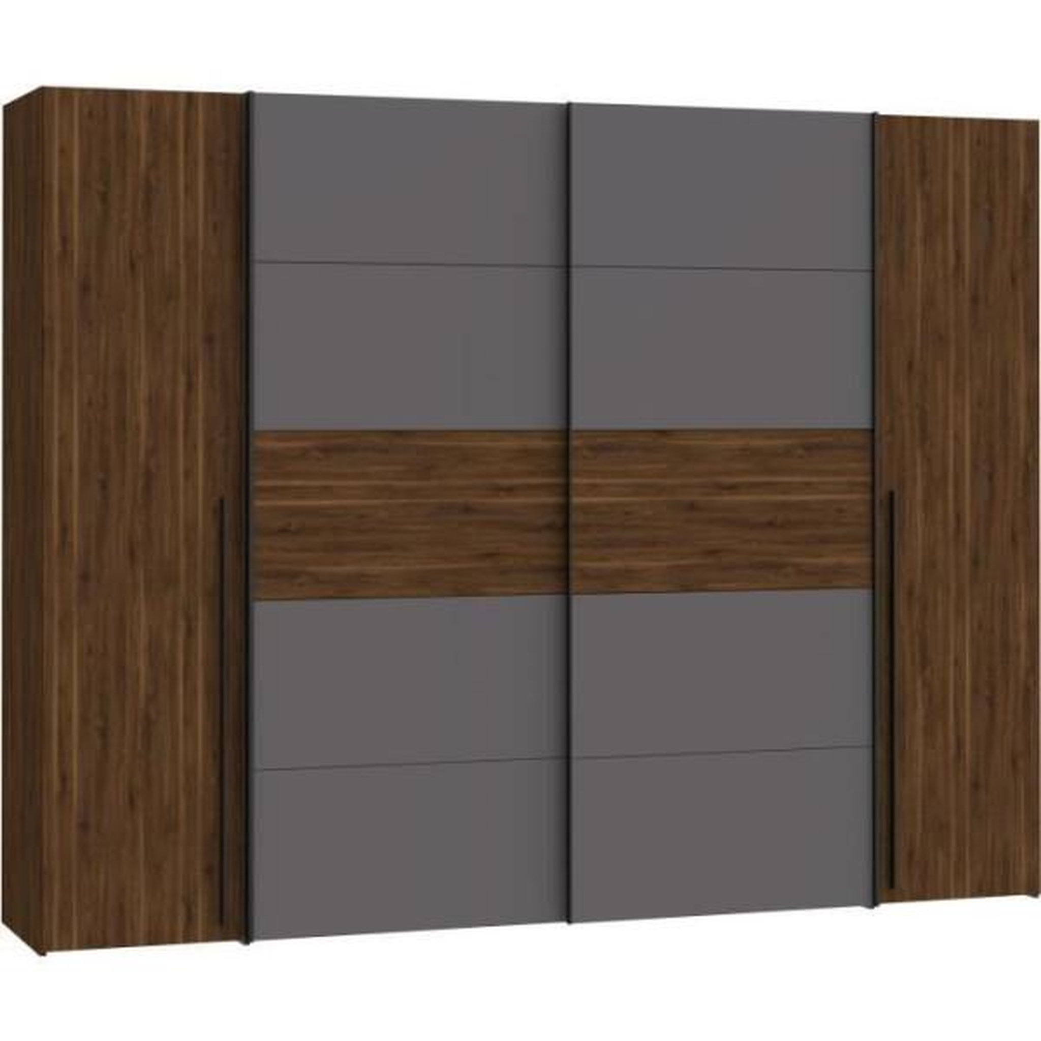 MARKET24 Armoire NARAGO - Décor Noyer Bakersfield et gris - 2 portes coulissantes + 2 portes battantes - L270 x P61 x H210 cm