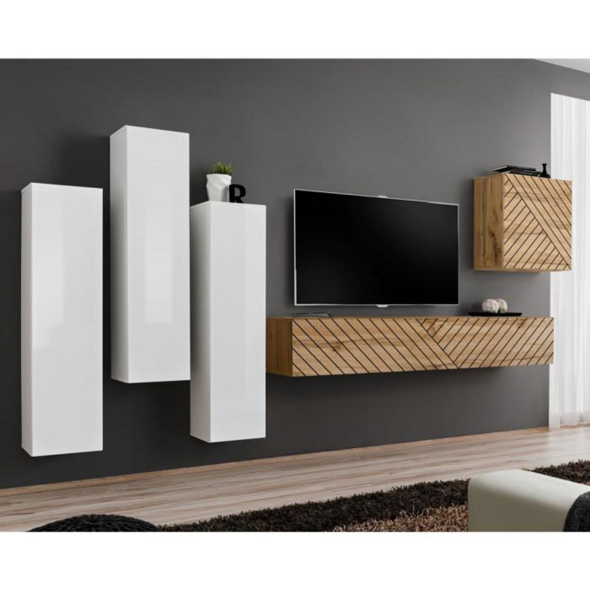 Paris Prix Ensemble Meuble TV  Switch Lamel III  330cm Naturel & Blanc