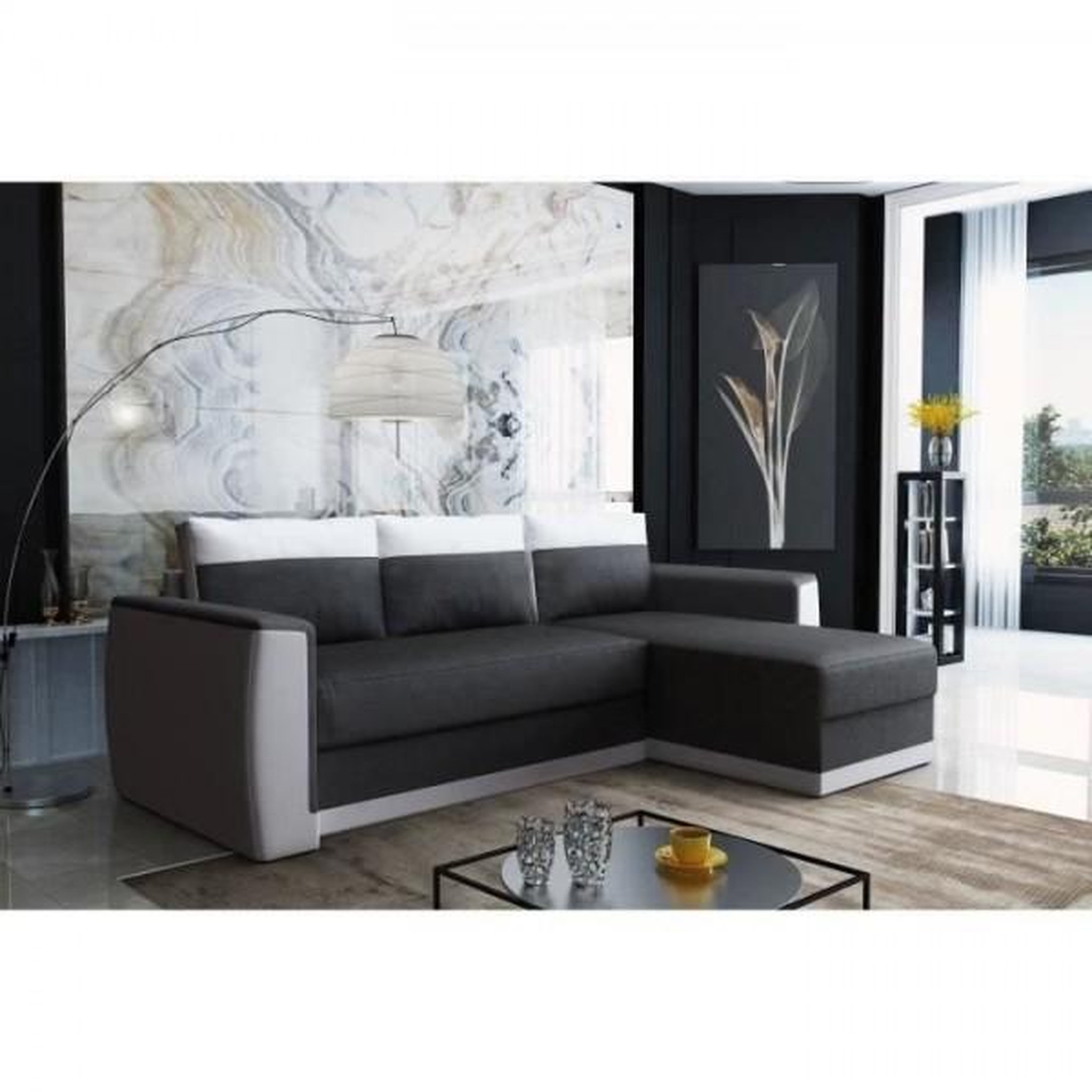 Voir la diapositive 2 : MARKET24 Canapé d'angle convertible 3 places JAMES- Simili blanc et tissu gris anthracite - Contemporain - L 230 x P 142 cm