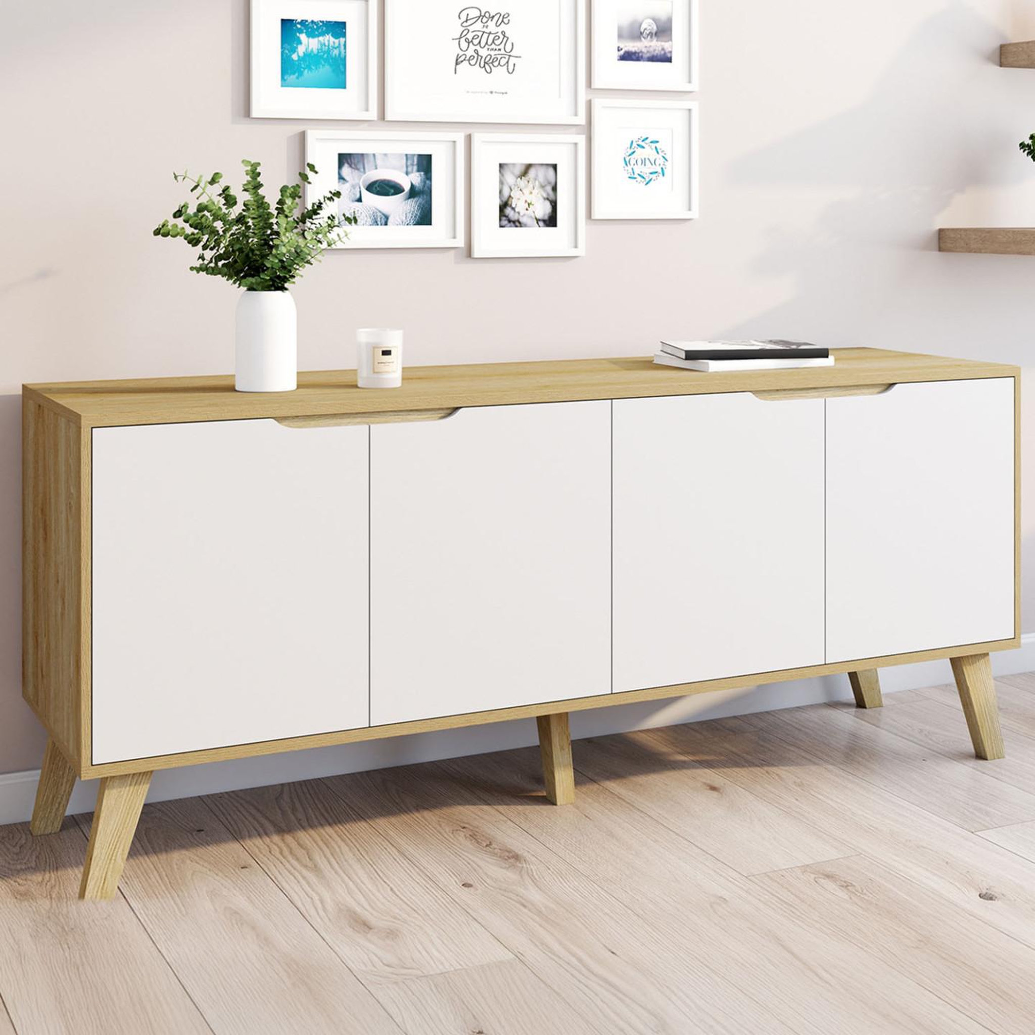 Voir la diapositive 2 : ID MARKET Buffet bas scandinave 140 cm finn  4 portes blanc et bois façon hêtre