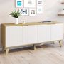 Voir la diapositive 2 : ID MARKET Buffet bas scandinave 140 cm FINN  4 portes blanc et bois façon hêtre