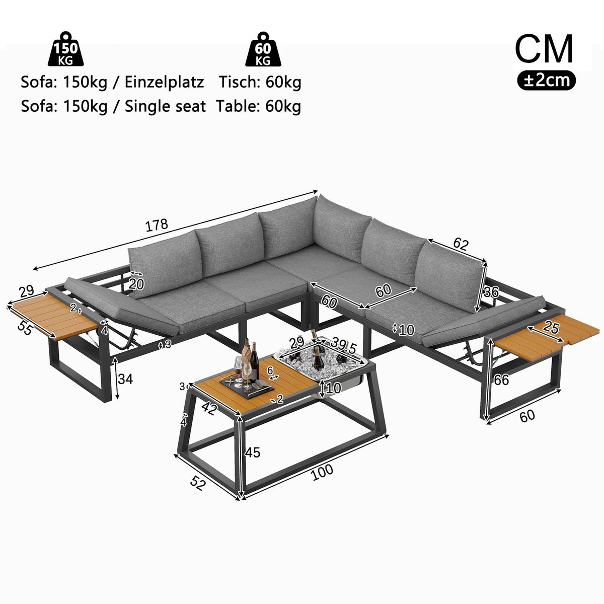 MERAX Salon de jardin 7 places en fer avec canapé d'angle, table basse et table glacière