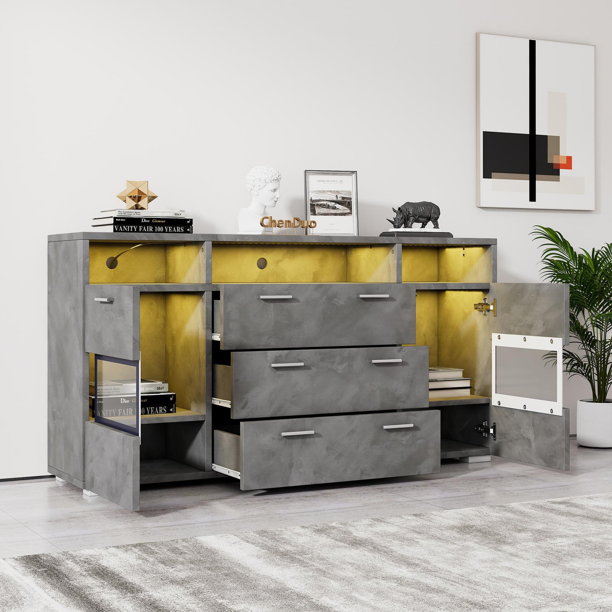 Voir la diapositive 5 : MERAX Buffet 2 porte(s) 3 tiroir(s) - 140 cm gris led panneau de particules