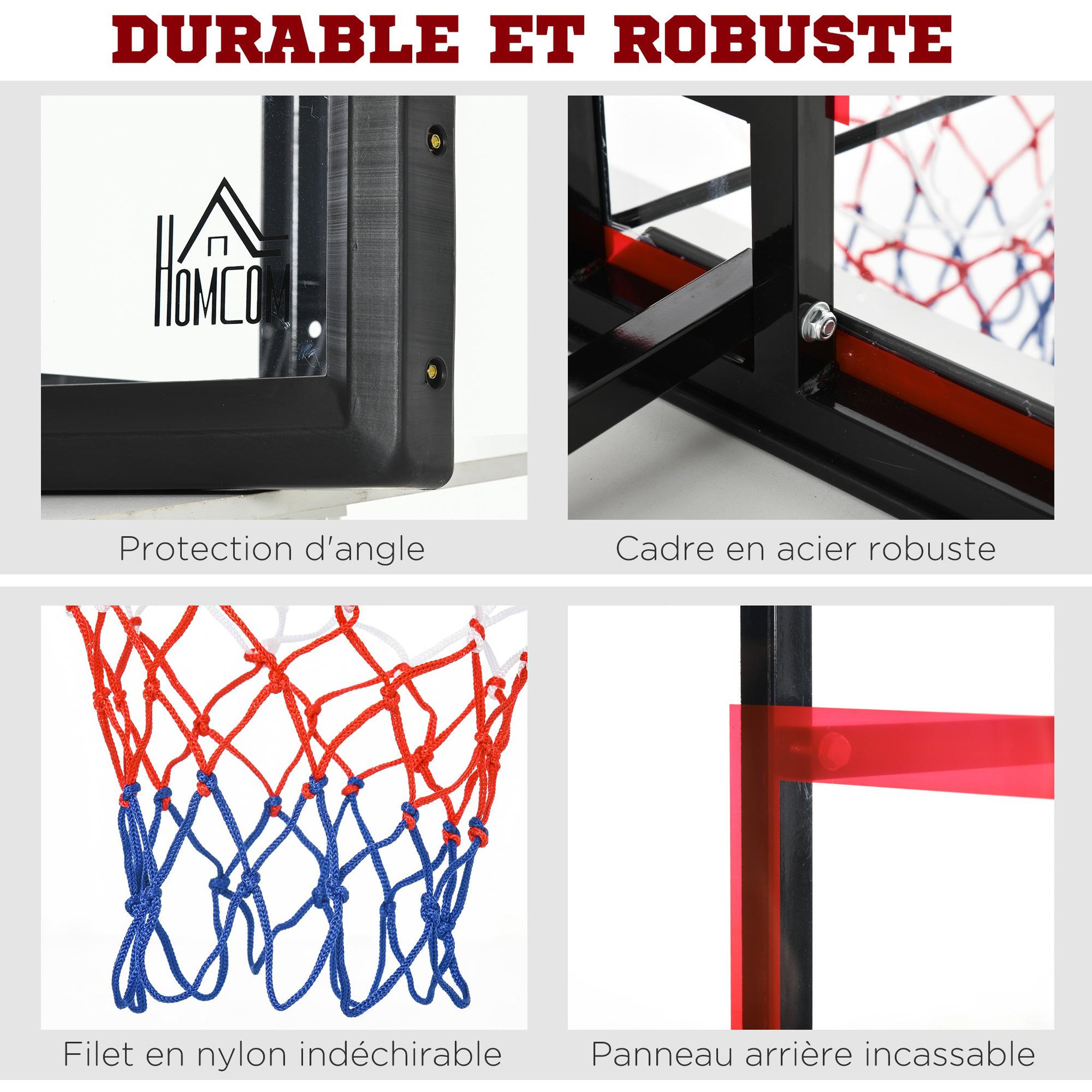 Voir la diapositive 5 : HOMCOM Panier de basket-ball mural avec ressort - panneau de basket à accrocher - visserie incluse - acier pc rouge noir