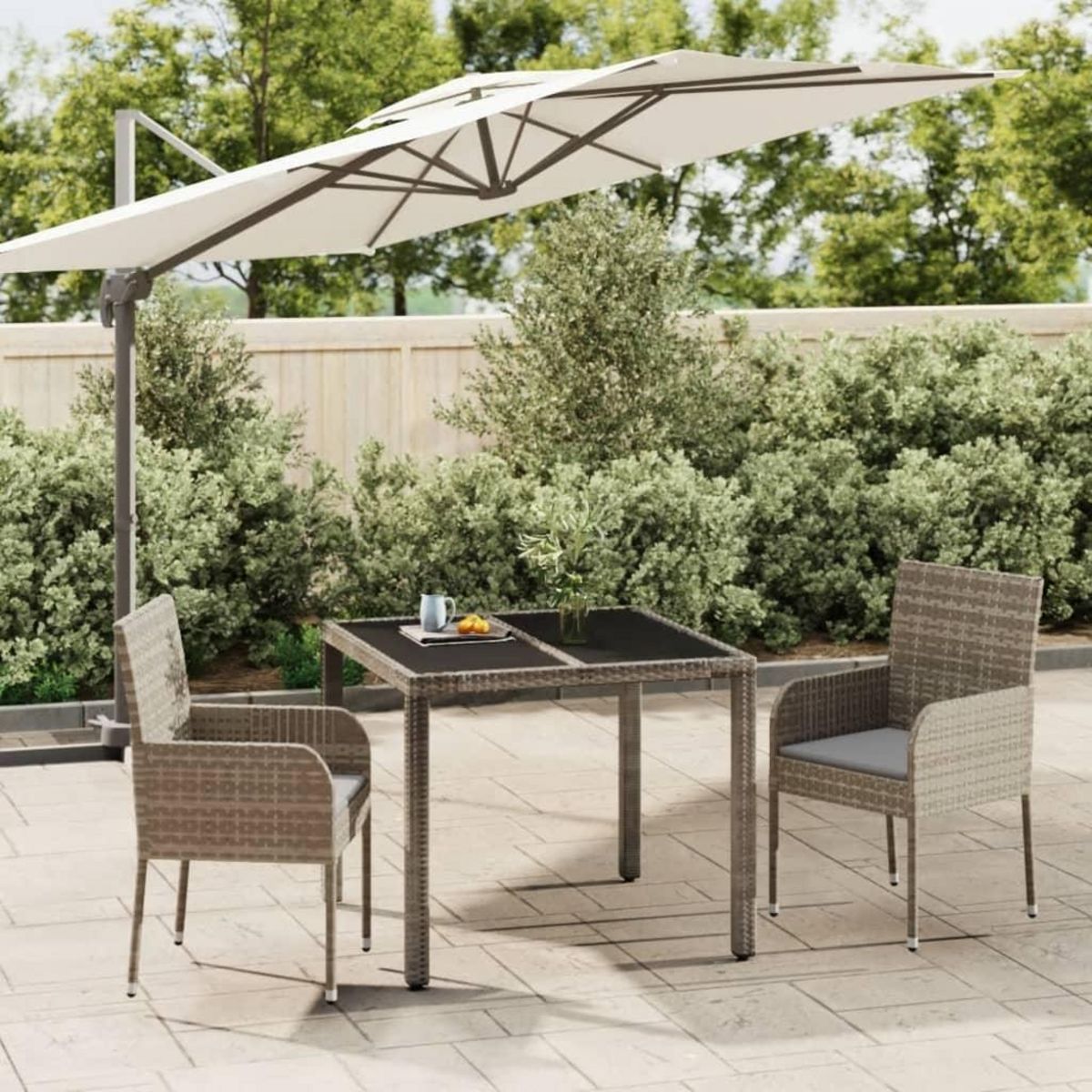 VIDAXL Ensemble a manger de jardin 3 pcs coussins gris resine tressee