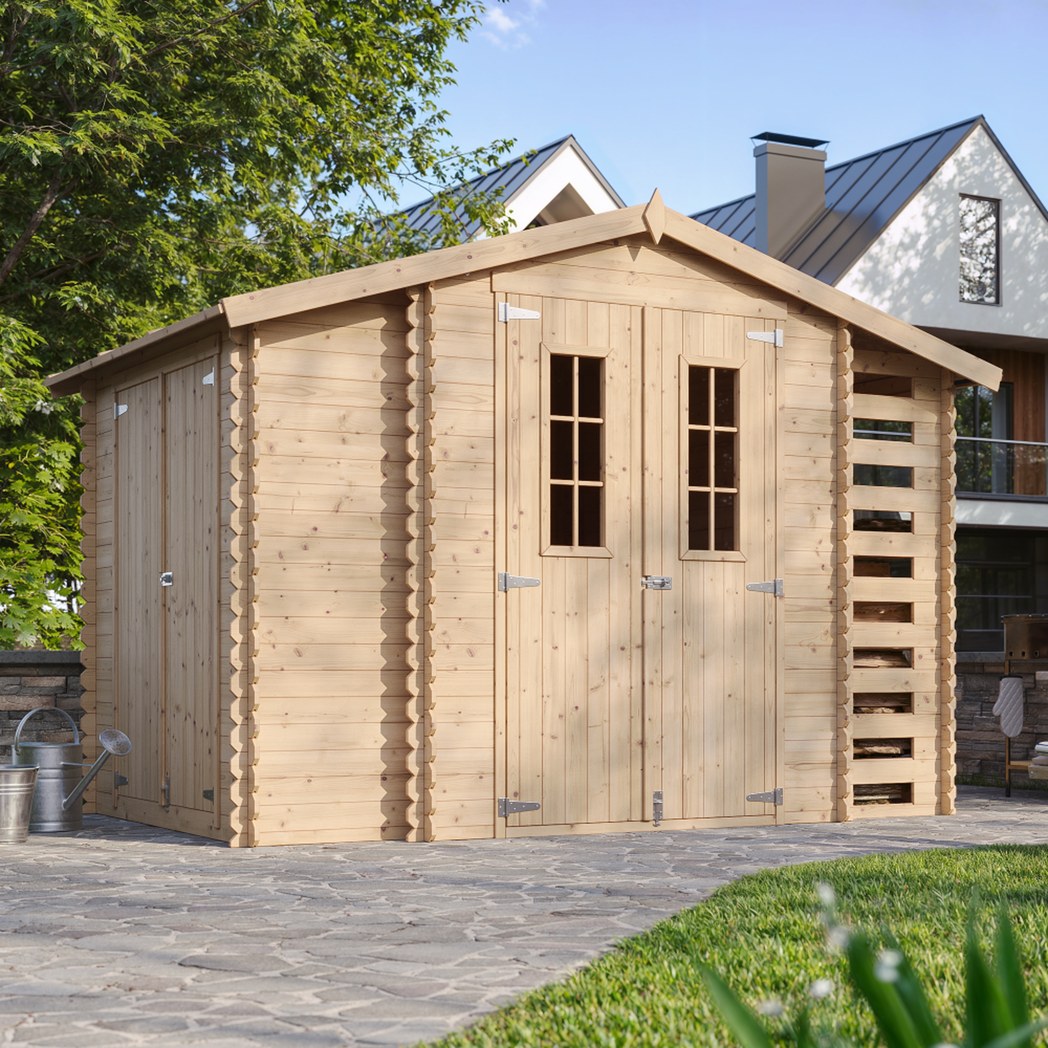 Voir la diapositive 3 : TIMBELA Abri de jardin en bois et range bûches avec sol traité - 3,53 + 0,97+0,97 m2 m389c+m389g