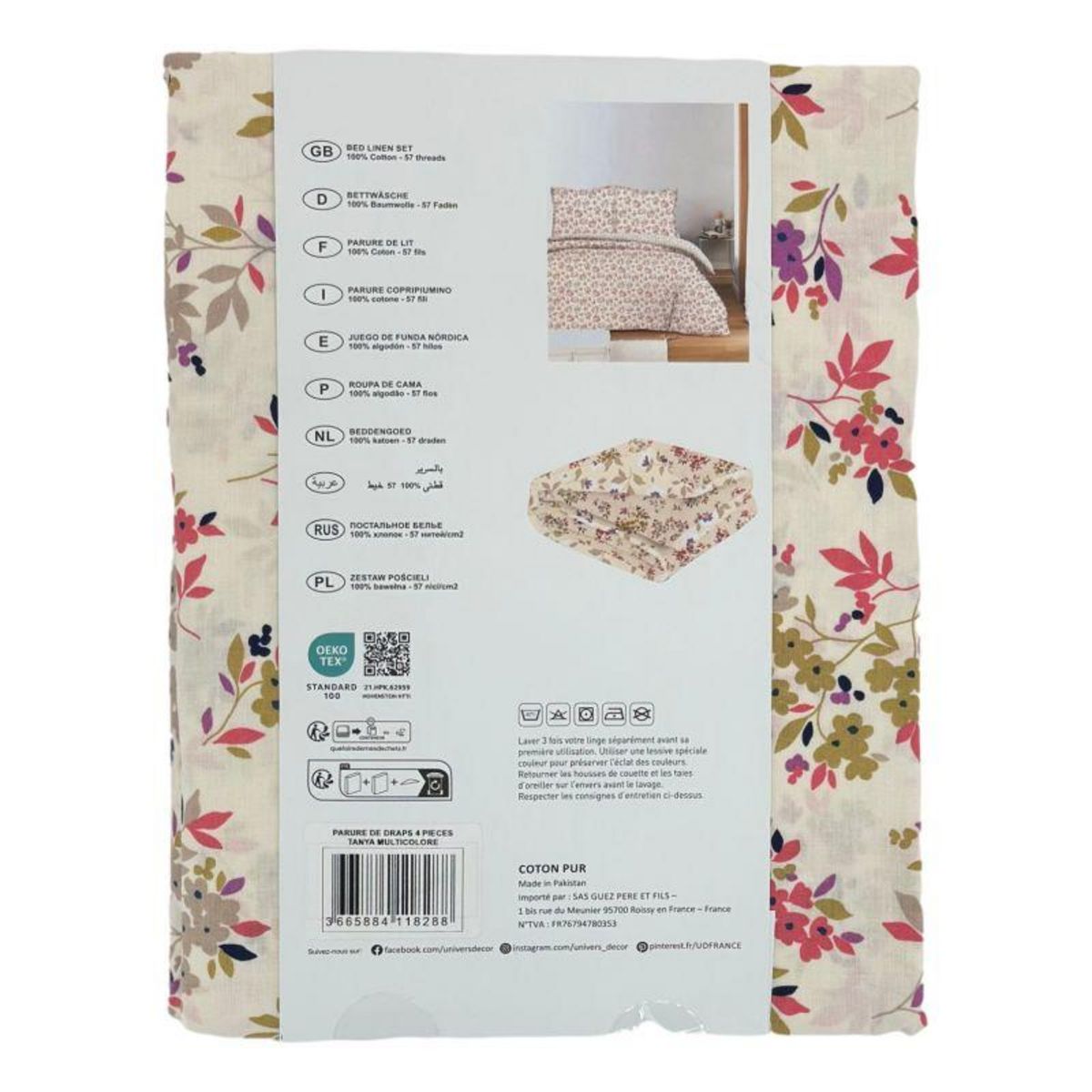 COTON PUR Parure de draps 4 pièces pour lit 140 x 190 cm Tanya multicolore