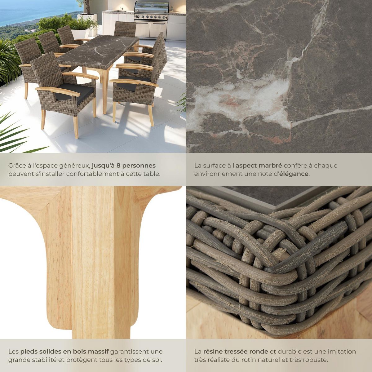 tectake Table en rotin avec cadre en aluminium et bois marron naturel