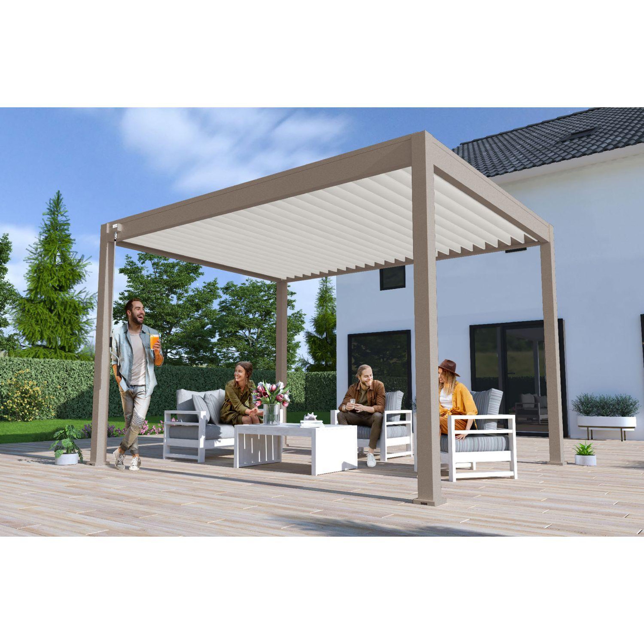 Voir la diapositive 8 : Pergola Bioclimatique autoportée 3x4 m - Aluminium - Taupe/blanc -  VS OmBREA®