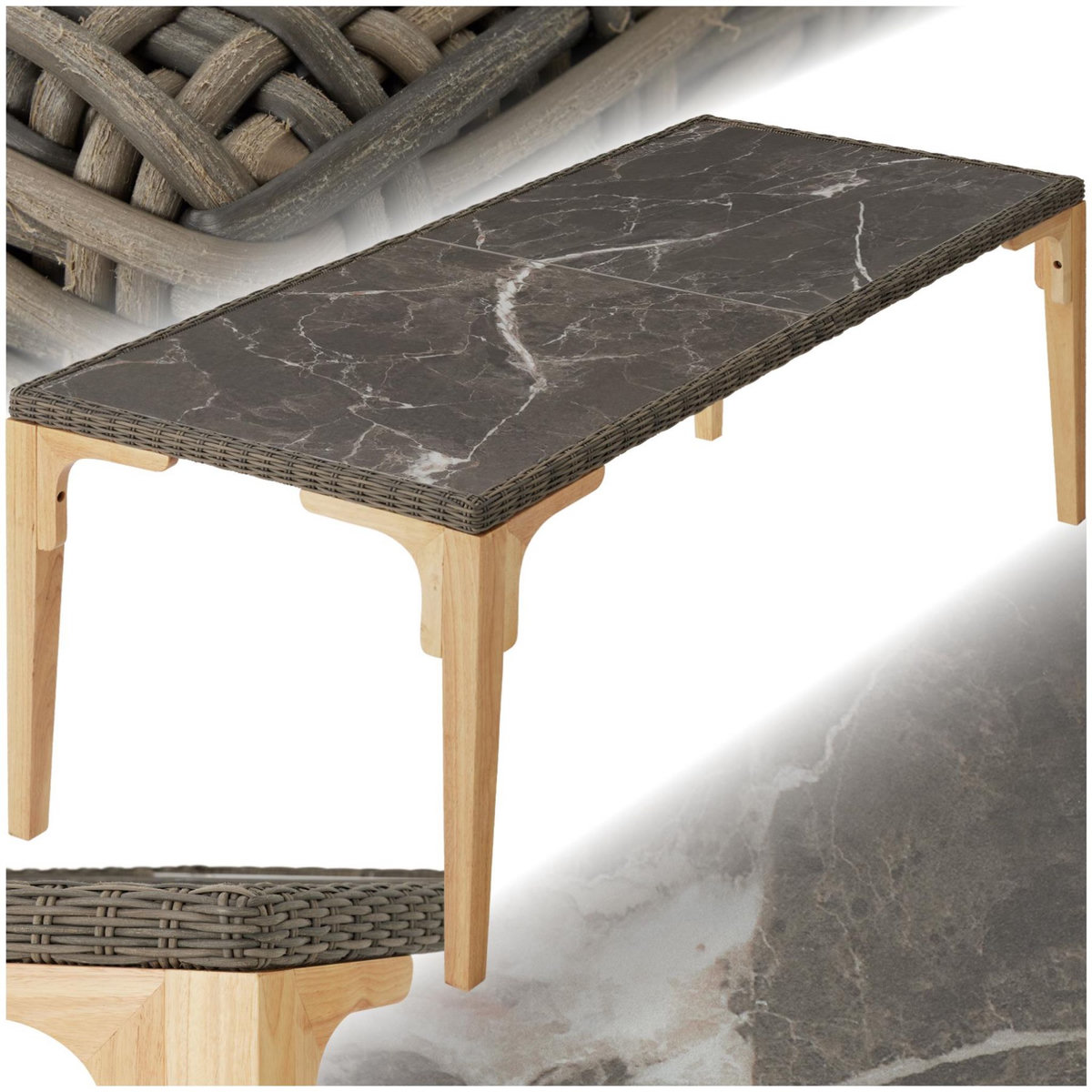 tectake Table en rotin avec cadre en aluminium et bois marron naturel