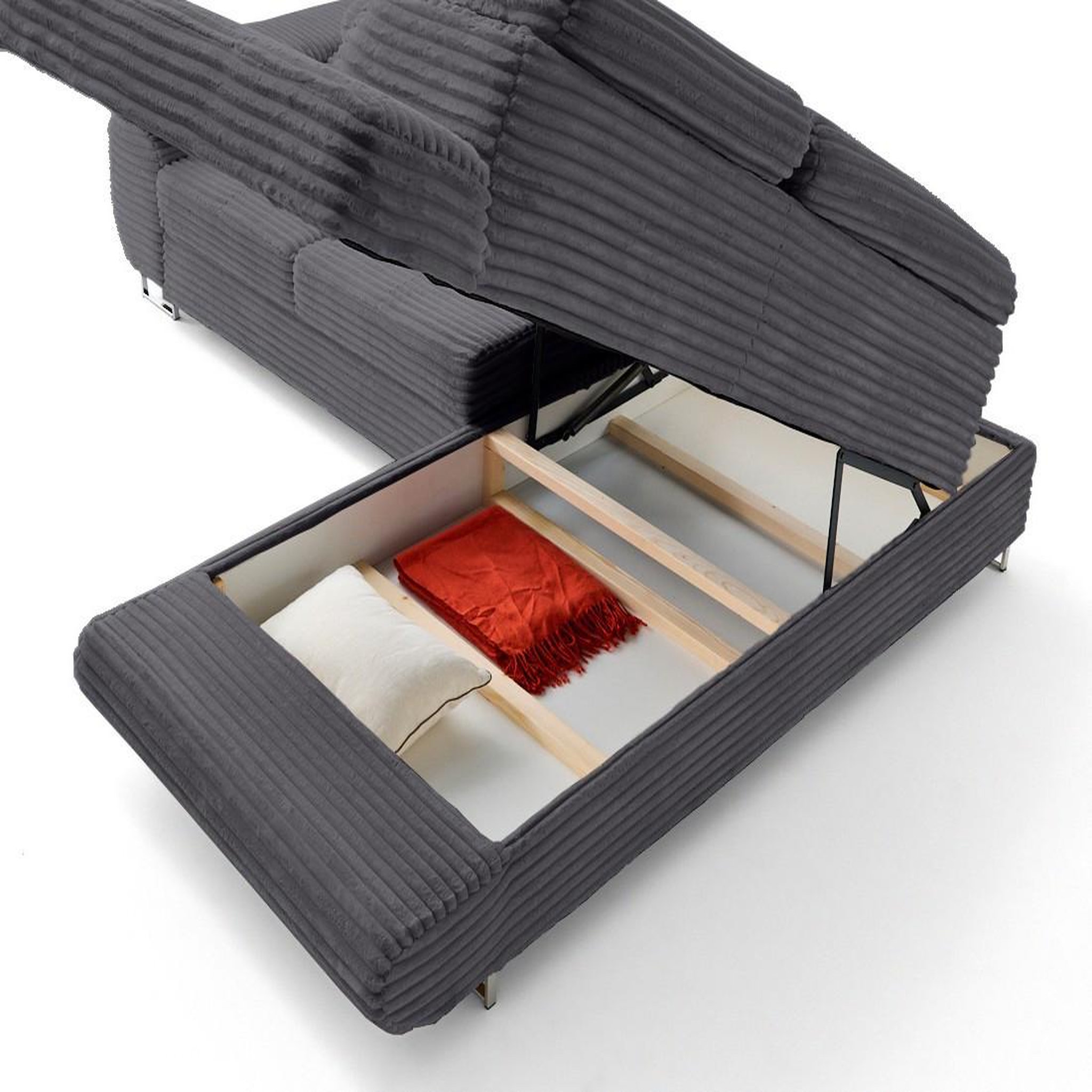 Voir la diapositive 6 : LISA DESIGN Zaria - canapé d'angle droit 5 places convertible avec coffre et têtières en velours côtelé grosses côtes