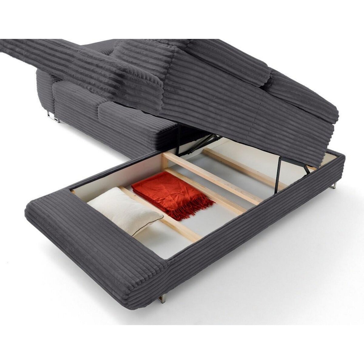 LISA DESIGN Zaria - canapé d'angle droit 5 places convertible avec coffre et têtières en velours côtelé grosses côtes