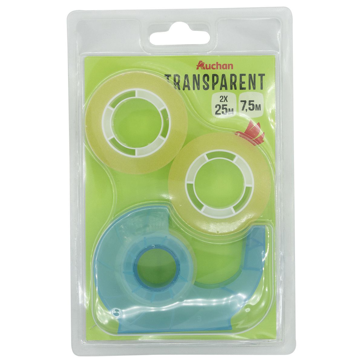 AUCHAN Dévidoir + 2 rouleaux adhésifs transparents 25m bleu