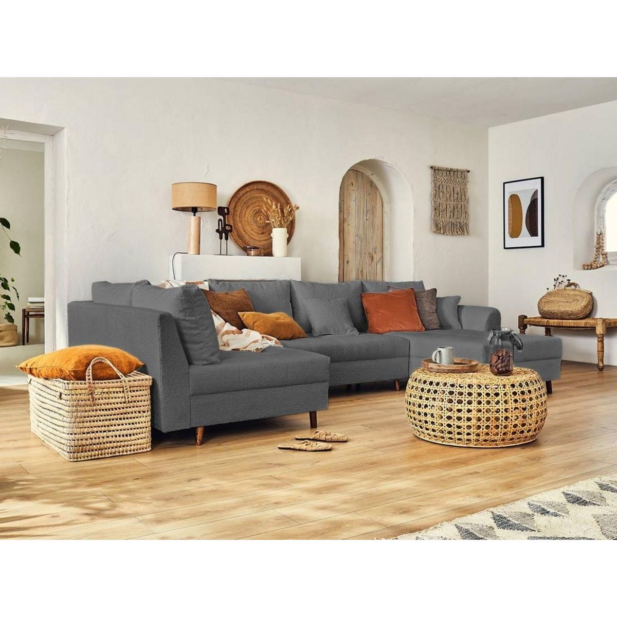 LISA DESIGN Rune - canapé panoramique d'angle gauche - 7 places - avec pouf d'appoint - en tissu bouclette