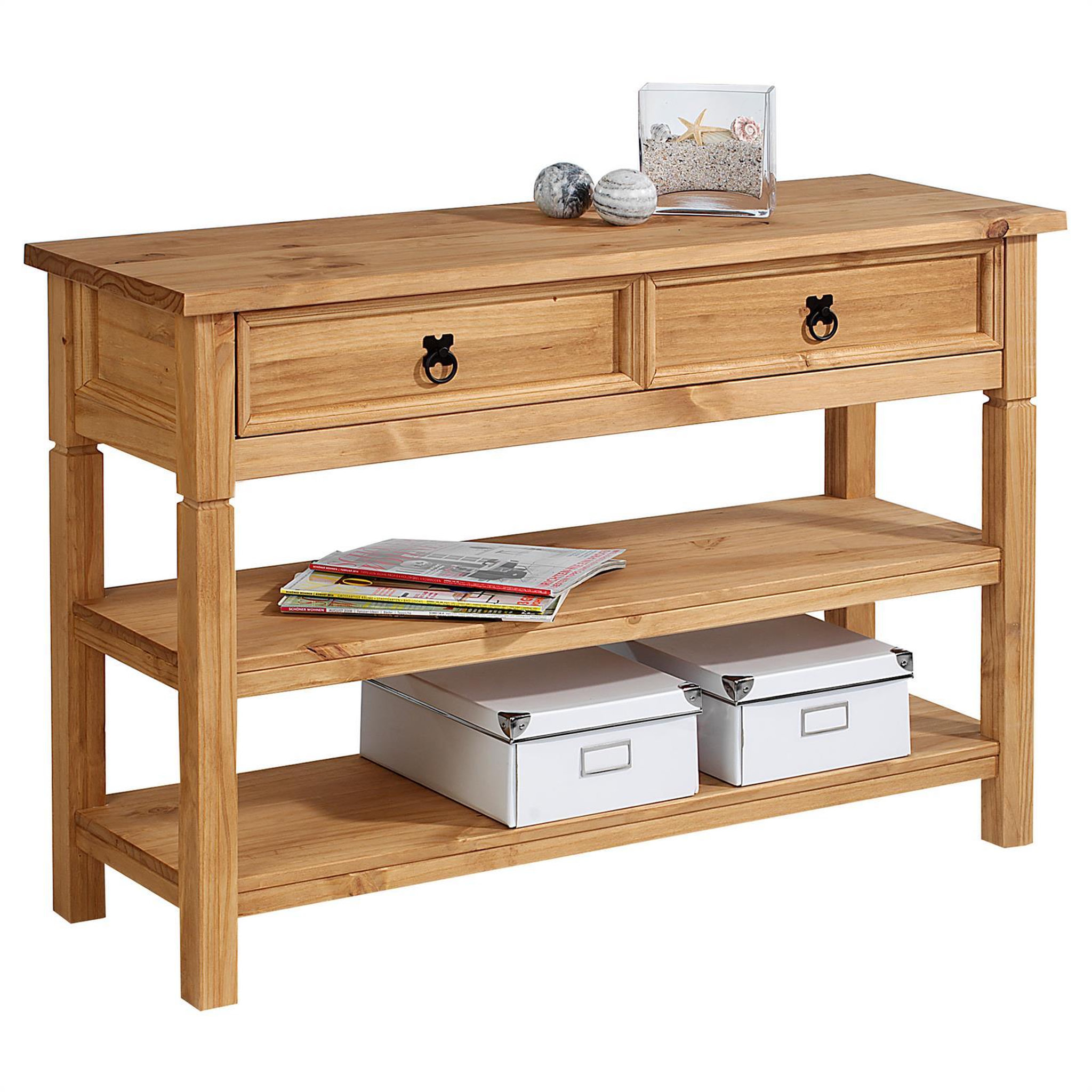 Voir la diapositive 1 : IDIMEX Table console en pin tequila style mexicain, 1 tiroir et 2 étagères