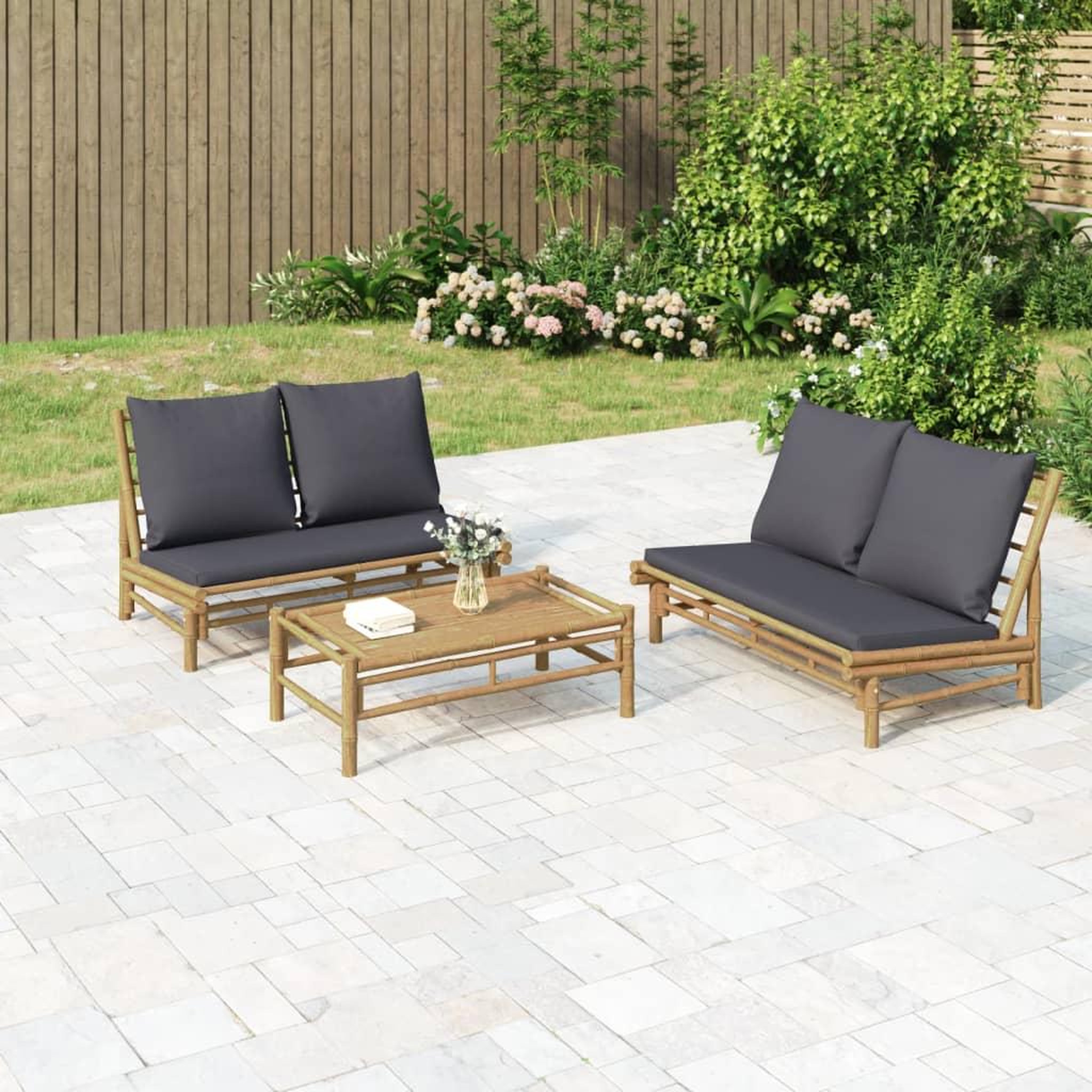 VIDAXL Salon de jardin 3 pcs avec coussins gris fonce bambou