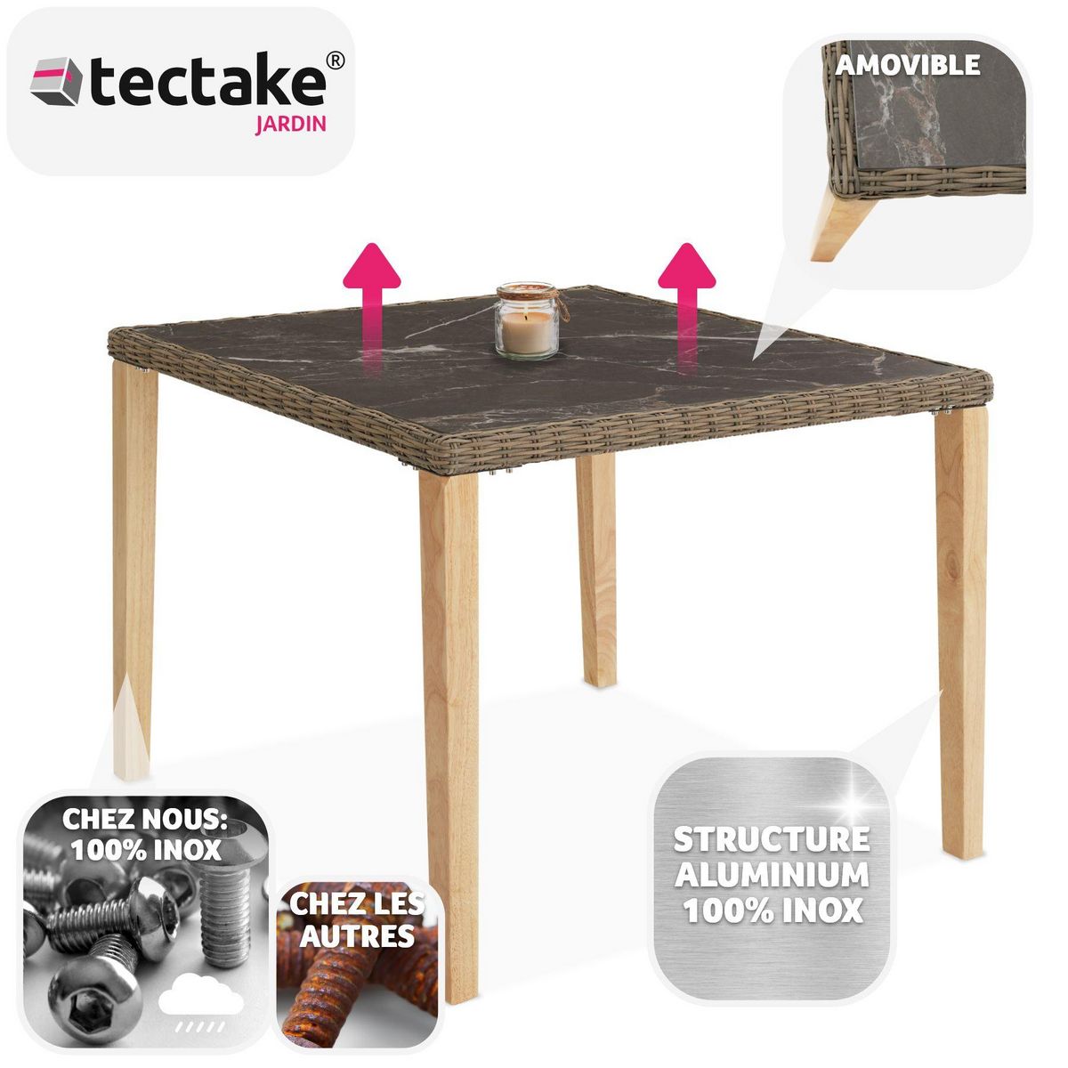 tectake Table en rotin avec cadre en aluminium et bois marron naturel