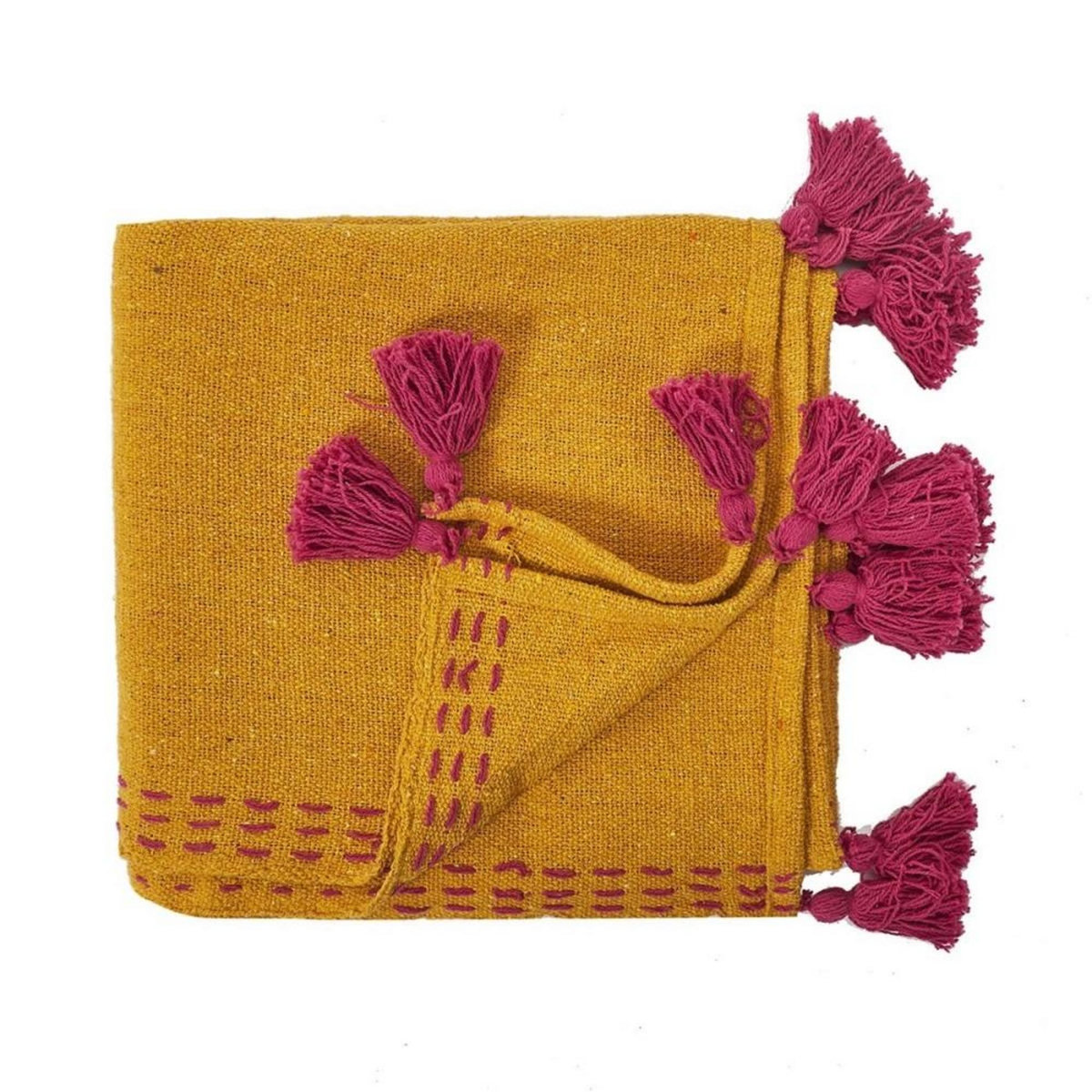 The Home Deco Factory Jeté de canapé surpiqué pompons jaune 130x150 cm