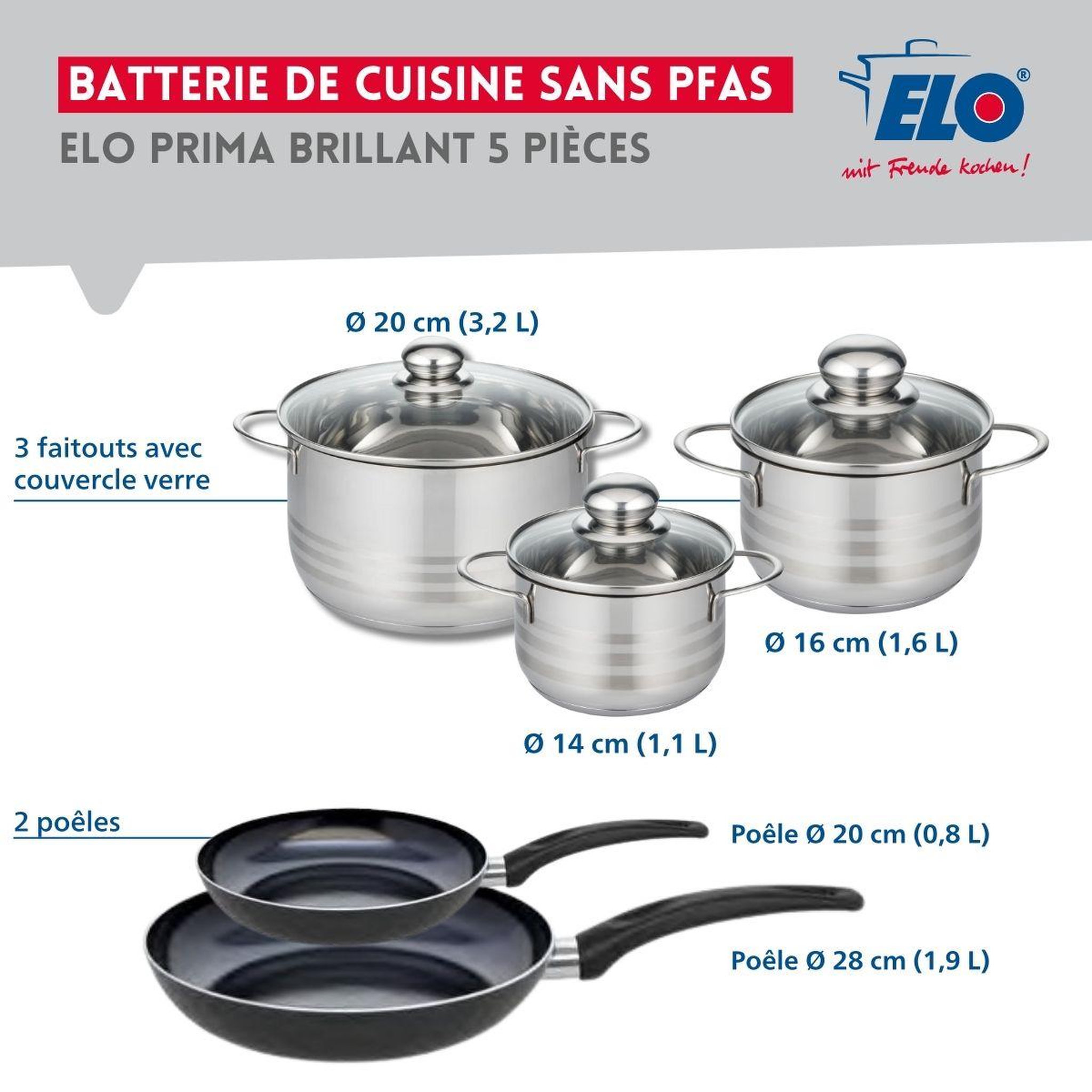 Voir la diapositive 2 : ELO Ensemble de 2 poêles de cuisson 20 et 28 cm et 3 faitouts 14, 16 et 20 cm elo prima brillant