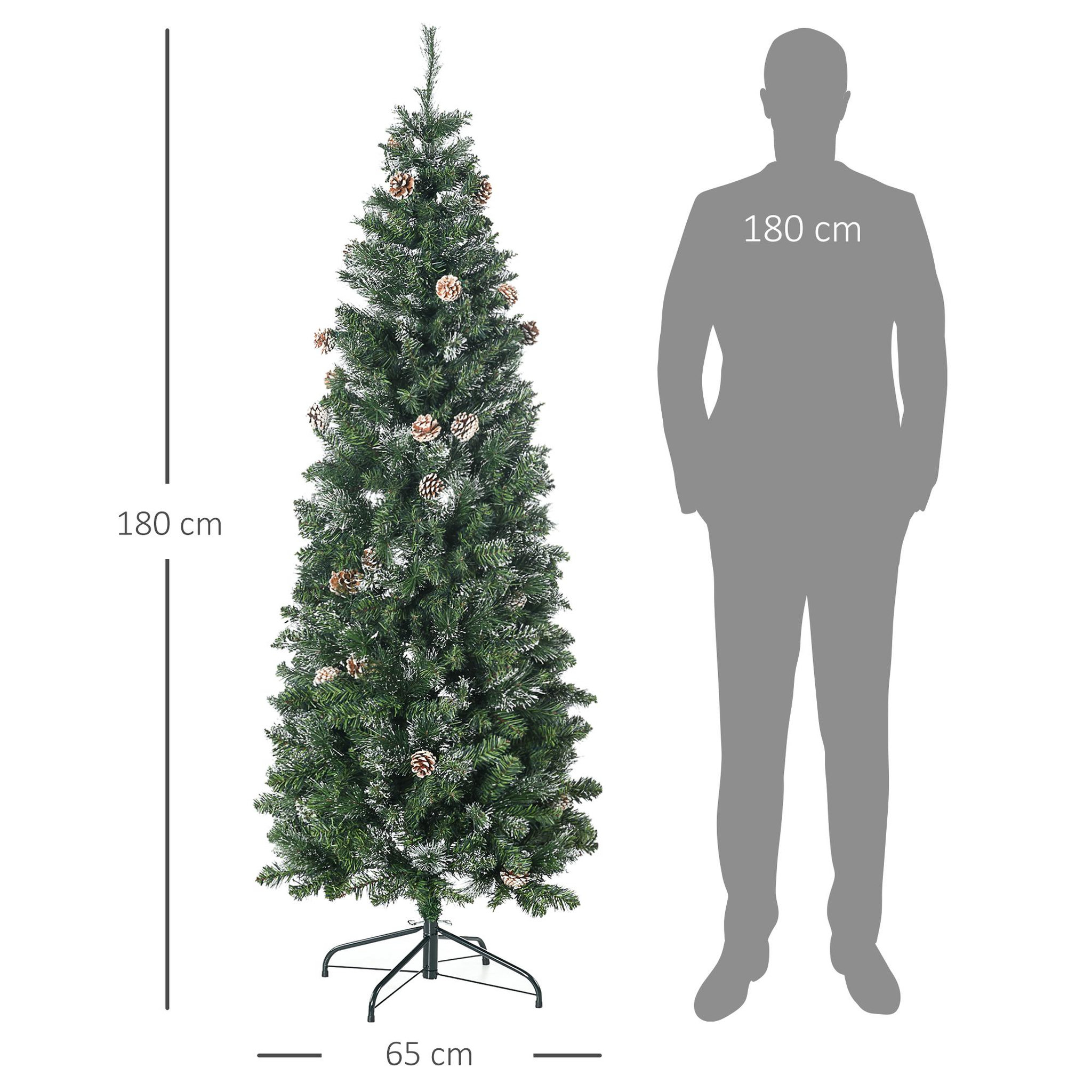Voir la diapositive 3 : HOMCOM Sapin de noël artificiel aspect enneigé ø 65 x 180h cm 37 pommes de pin 618 branches épines imitation nordmann grand réalisme