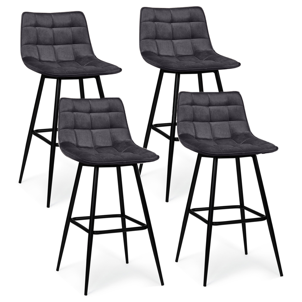 ID MARKET Lot de 4 tabourets de bar MADY en velours gris foncé