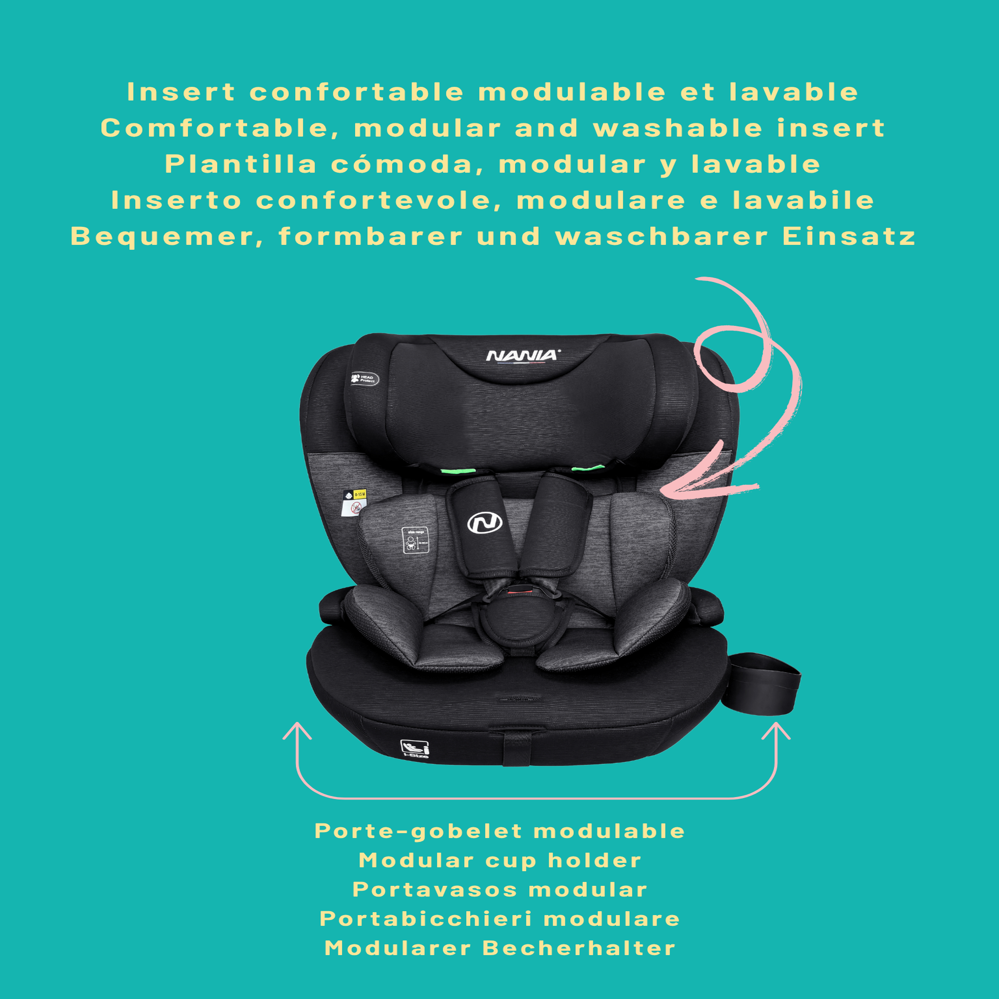 Voir la diapositive 3 : NANIA Nania Siège auto bébé ISOFIX Milano évolutif 76-150 cm, 15 mois à 12 ans, Têtière ajustable 12 niveaux de réglages, Protections latérales, Harnais de sécurité 5 points, Housse amovible et lavable - Porte gobelet