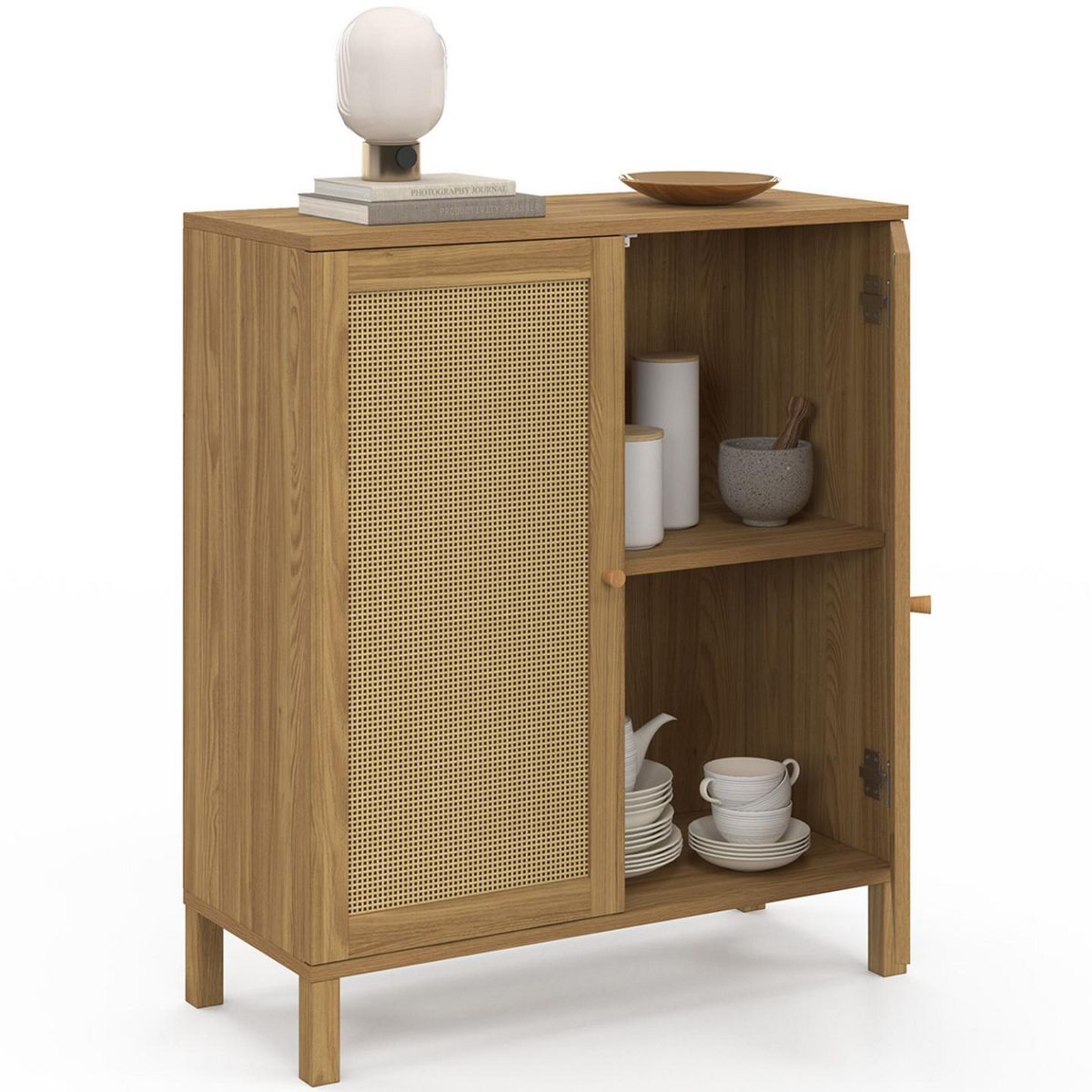 ID MARKET Buffet d'appoint vintage 2 portes 70 cm HANAE effet naturel cannage