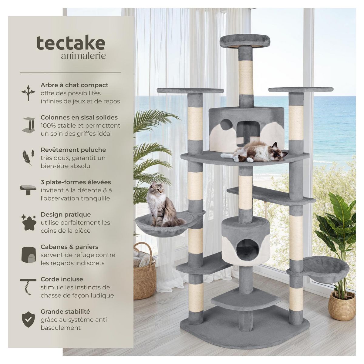 tectake Arbre à chat 204 cm avec griffoir et plateforme d'escalade gris/blanc