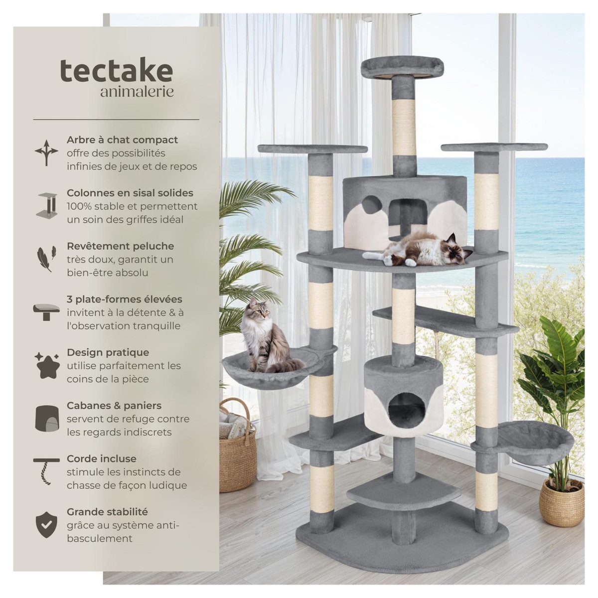 tectake Arbre à chat 204 cm avec griffoir et plateforme d'escalade gris/blanc