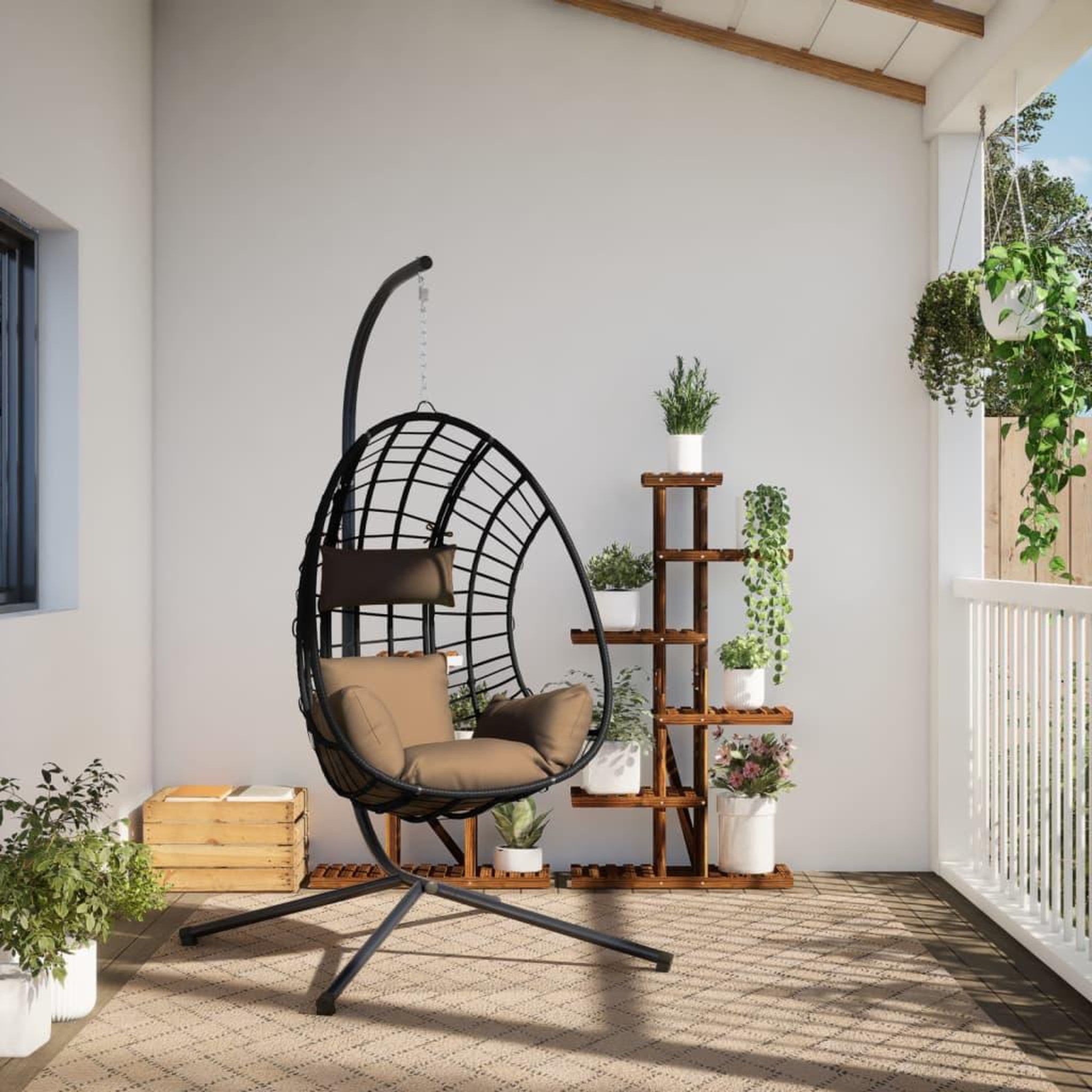 Voir la diapositive 3 : VIDAXL Chaise suspendue en forme d'œuf et support taupe rotin et acier