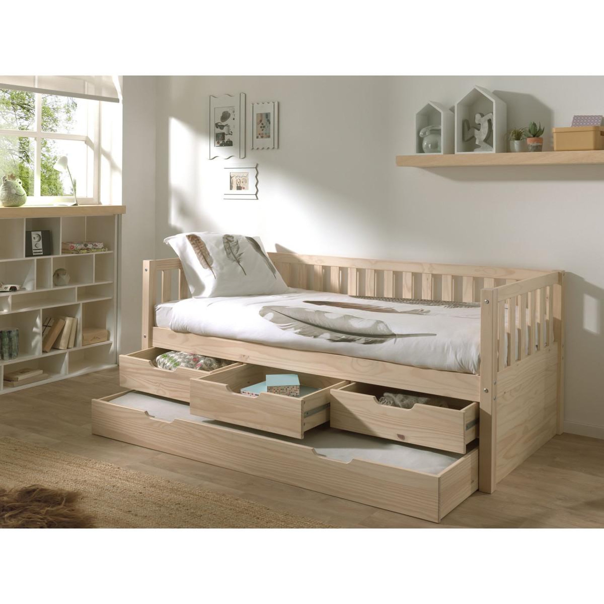 Voir la diapositive 3 : Paris Prix Pack - lit capitaine enfant & tiroir de lit  fritz  90x200cm naturel