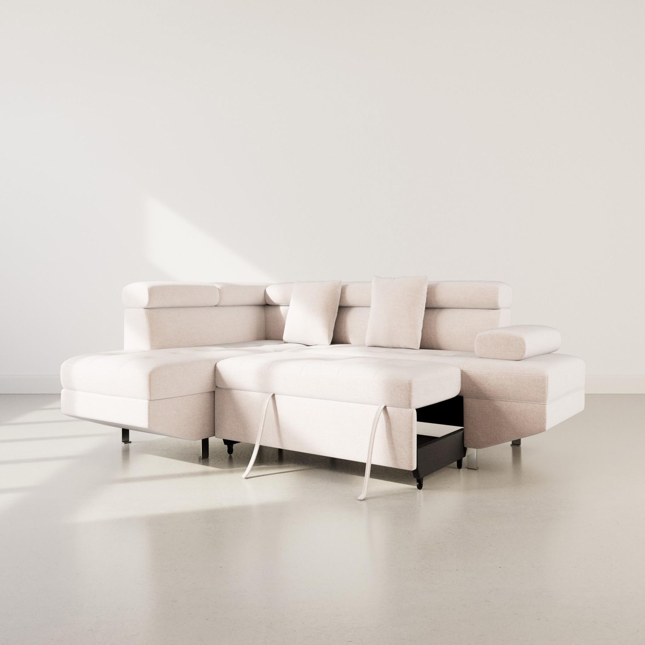 Voir la diapositive 2 : BEST MOBILIER Margaux - canapé d'angle gauche 5 places convertible avec coffre et têtières réglables en velours texturé