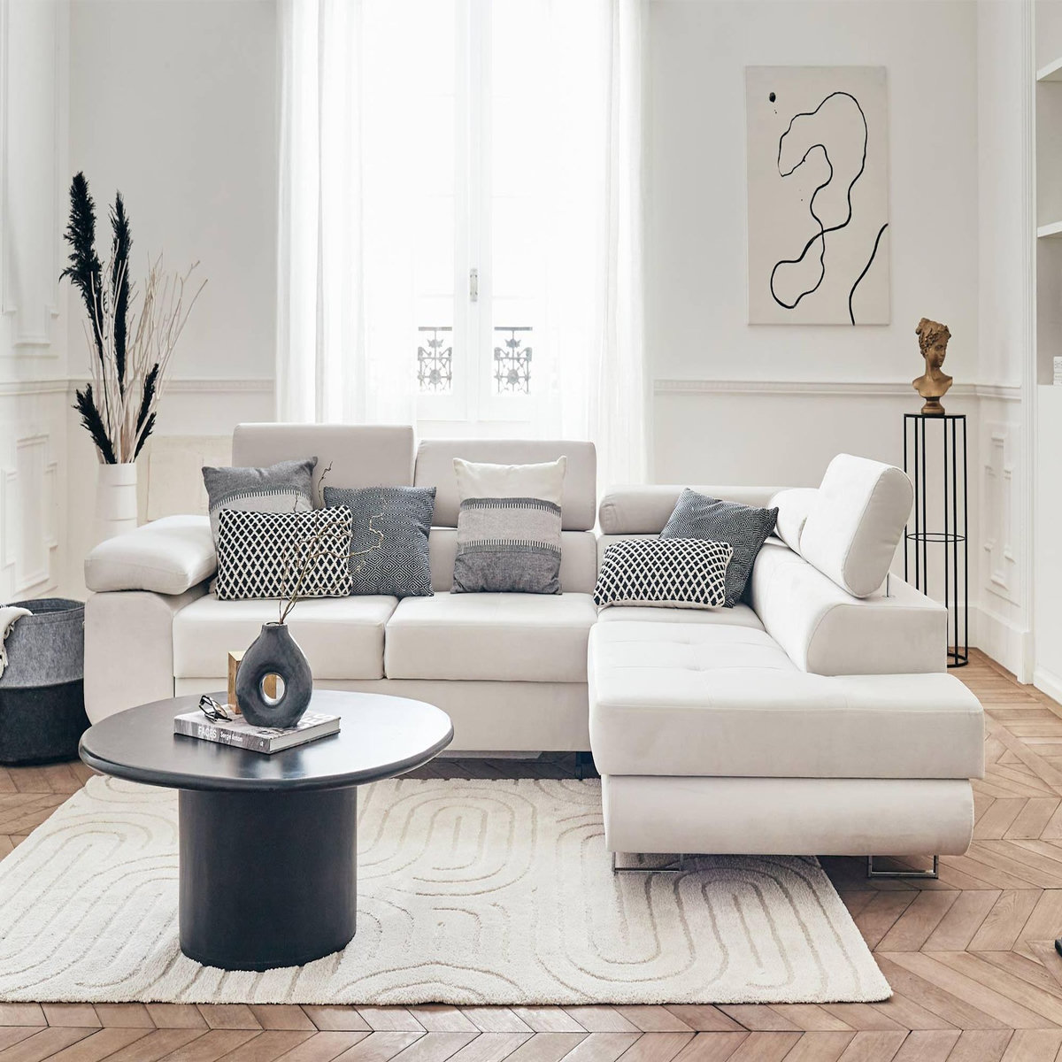 BEST MOBILIER Pablo - canapé d'angle droit - 5 places - convertible avec coffre et têtières réglables - en velours