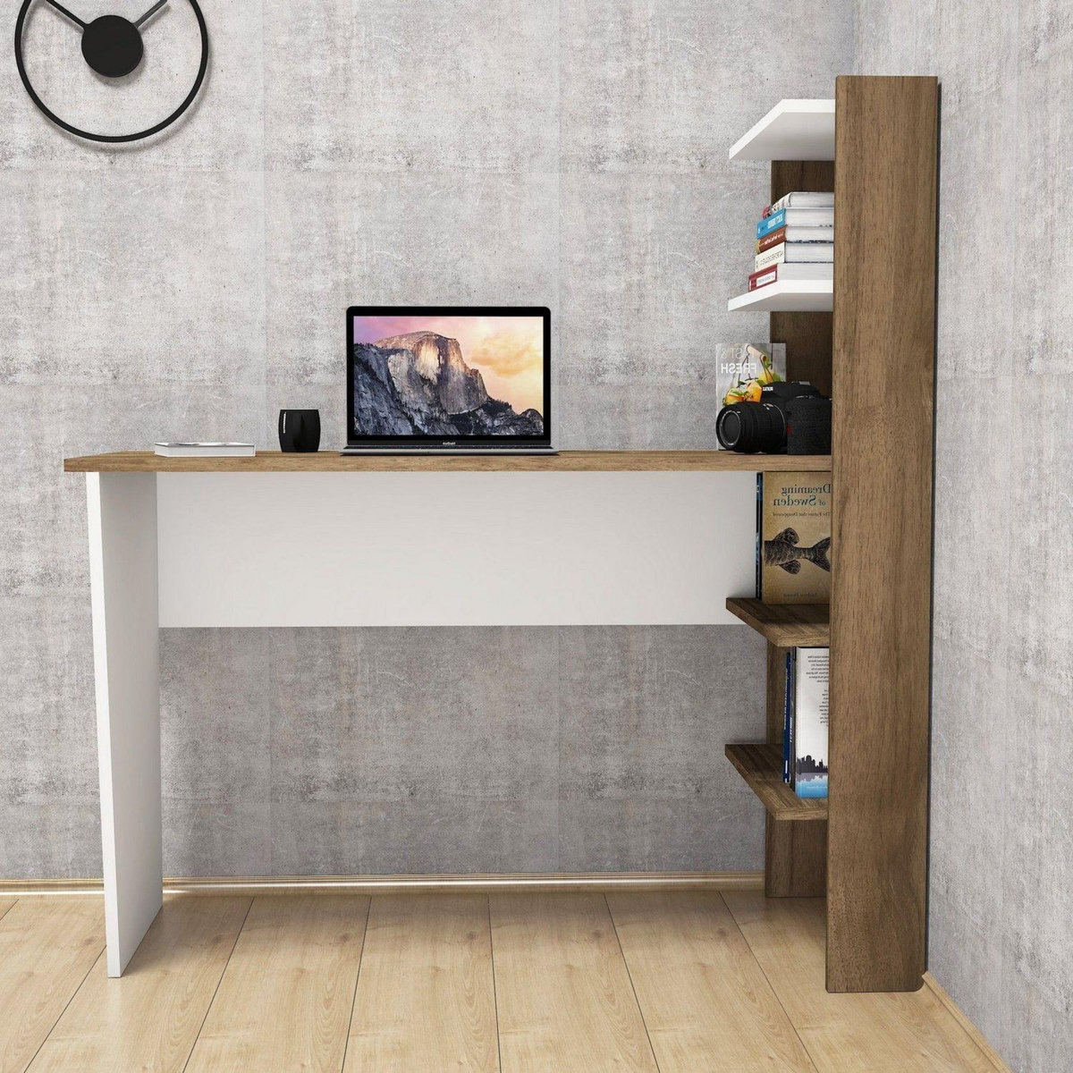 TOILINUX Bureau en mélaminé avec étagères L.120xH.130cm - Marron noix et Blanc