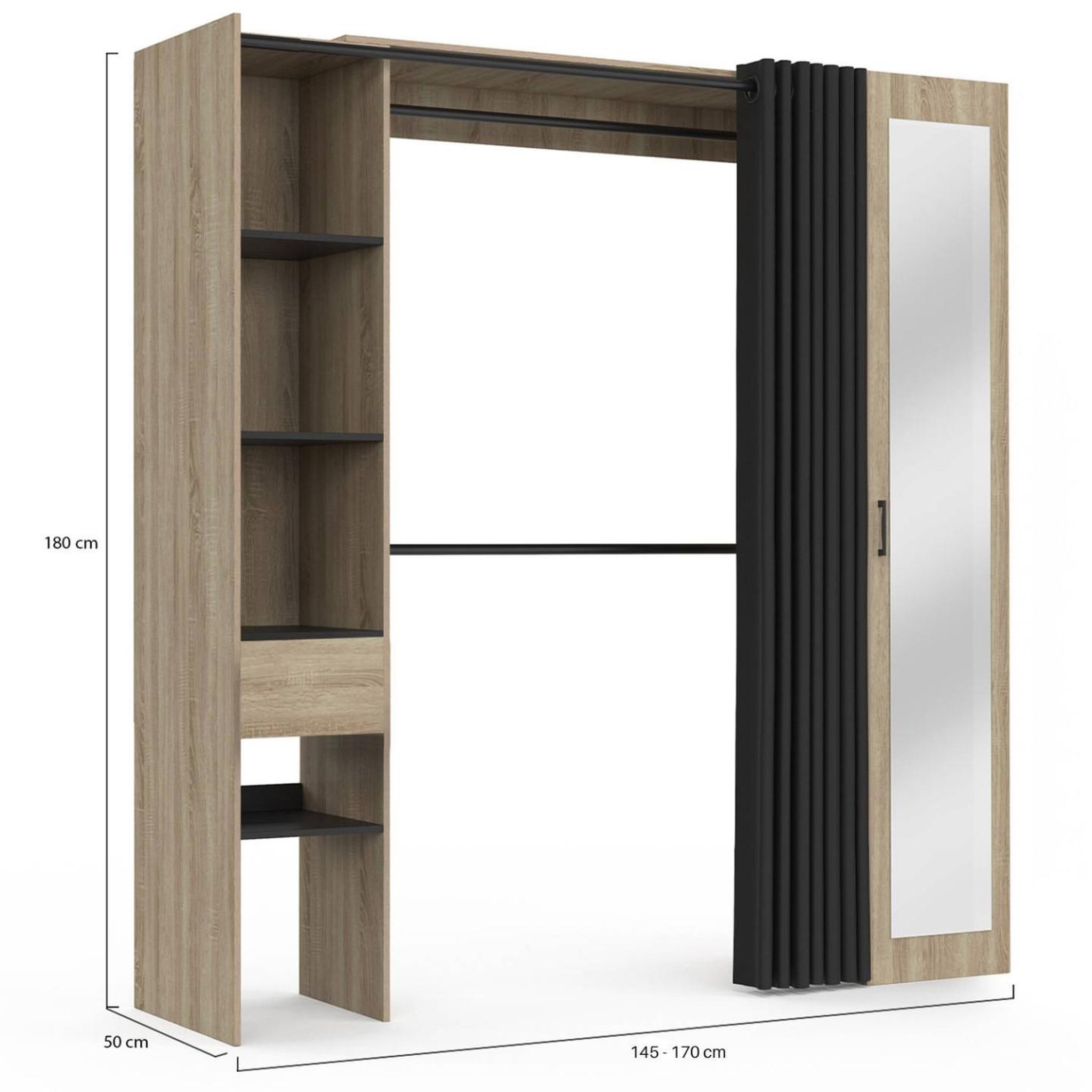 Voir la diapositive 4 : ID MARKET Dressing extensible MERYL 145/170 x 50 x 180 cm hêtre avec étagères + double penderie + miroir + rideau noir