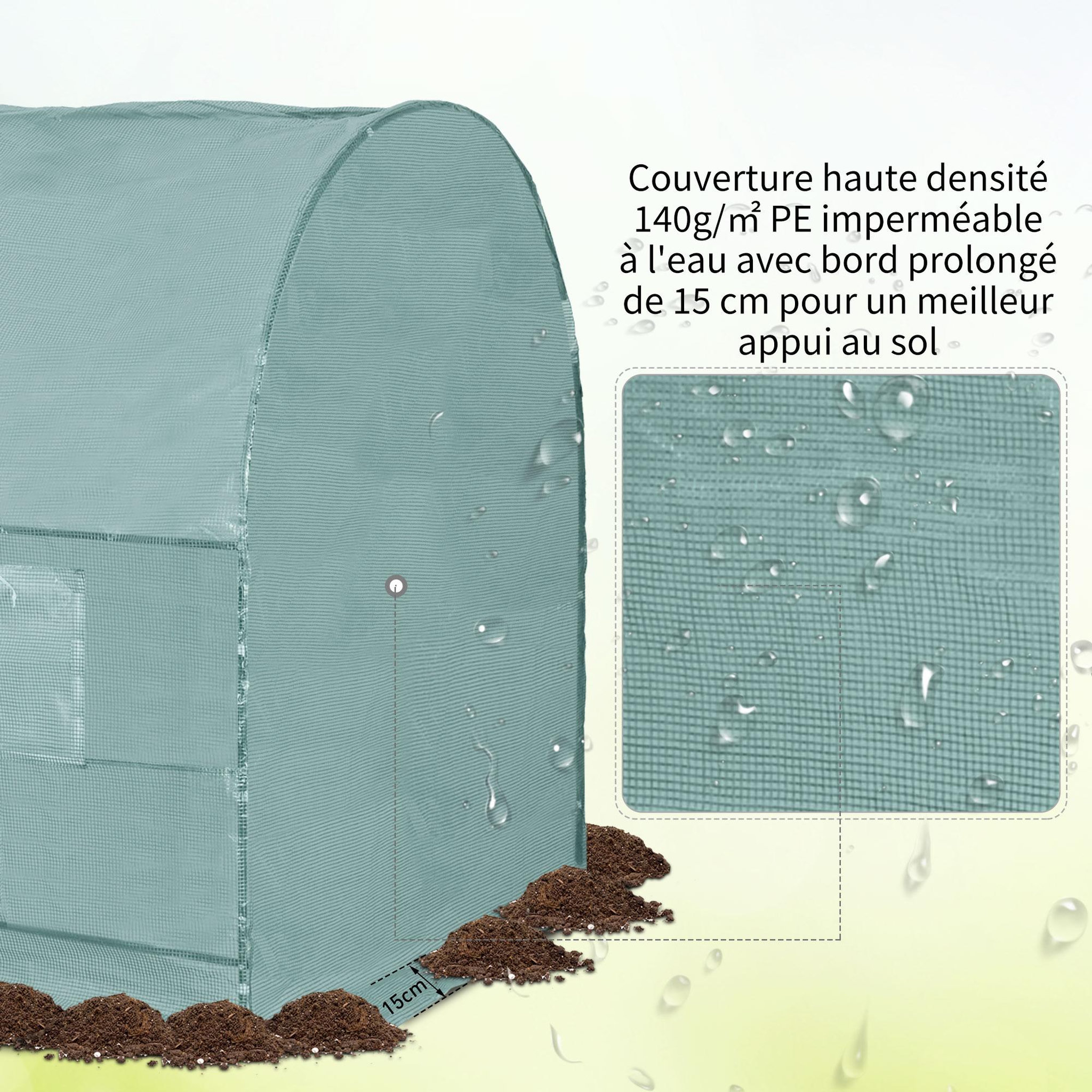 Voir la diapositive 6 : OUTSUNNY Serre de jardin tunnel 5 m² 2,45l x 2l x 1,98h m acier renforcé ø 1,8 cm + pe haute densité 140 g/m² fenêtres porte déroulante vert