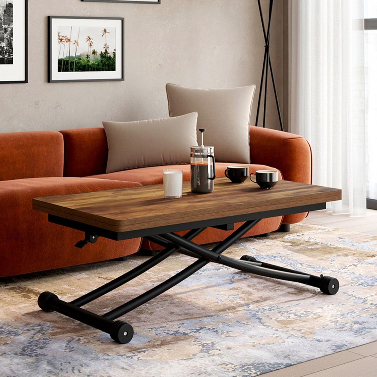 ID MARKET Table basse extensible relevable en table à manger URBANA plateau bois foncé effet vieilli pied noir design industriel