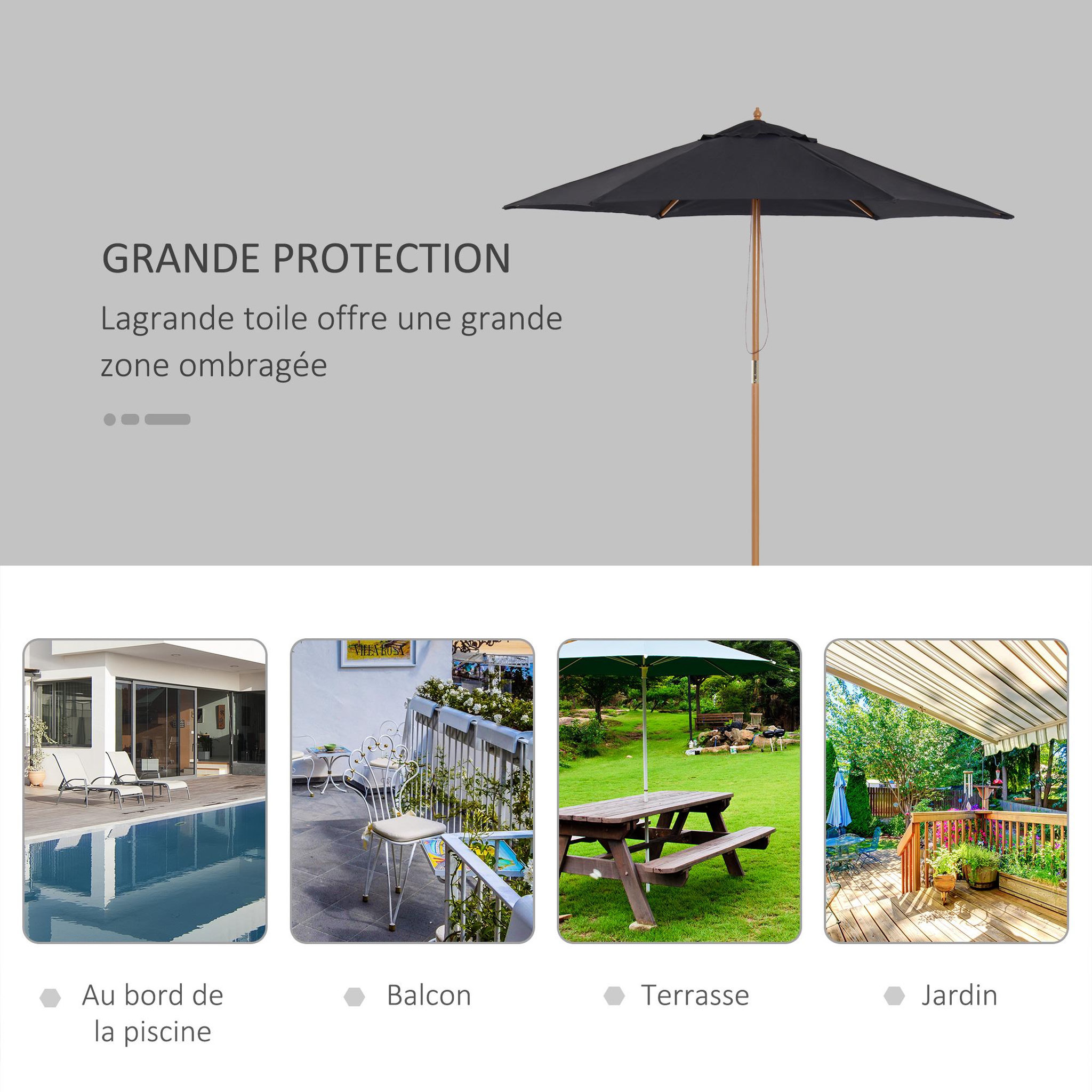 Voir la diapositive 6 : OUTSUNNY Parasol droit hexagonal grande taille de jardin Ø 2,5 x 2,3H m bois de bambou noir