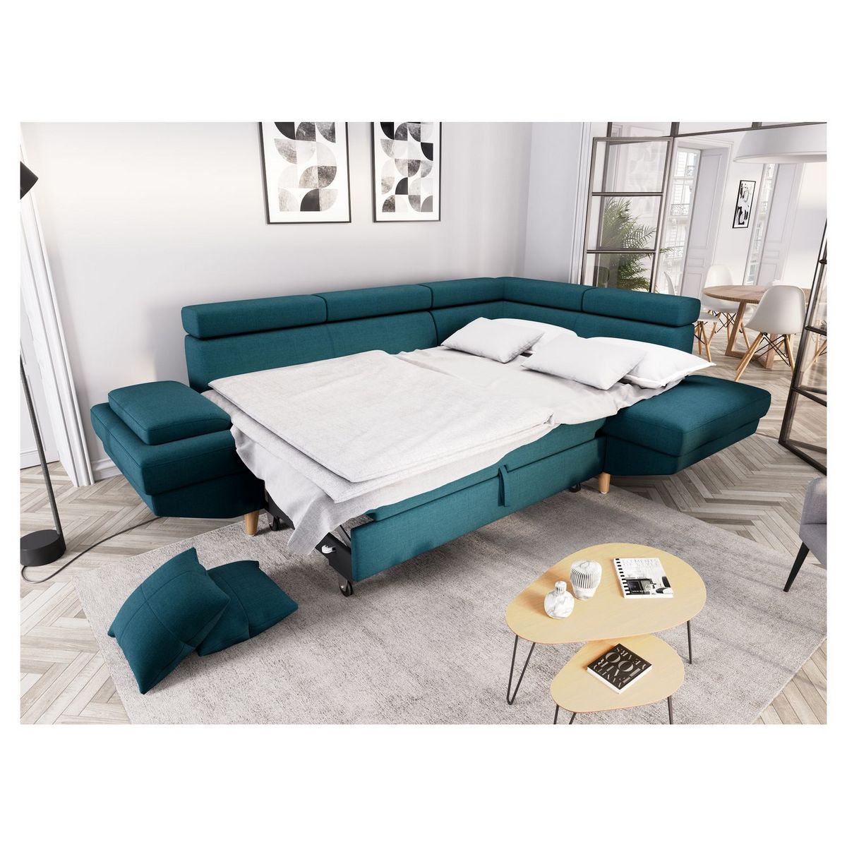 Canapé d'angle droit convertible 5 places tissu pieds bois clair MARIUS 