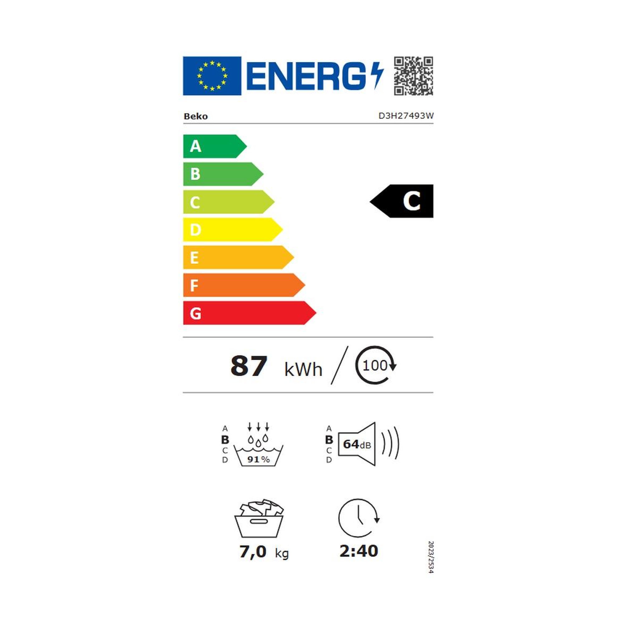 Voir la diapositive 2 : Beko Sèche linge pompe à chaleur à condensation 7kg 1400 tours/min - d3h27493w