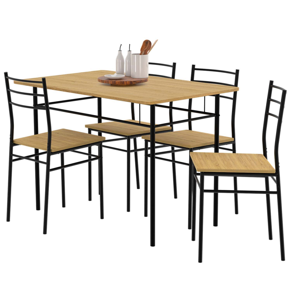 ID MARKET Ensemble table ANGIE 4 personnes + 4 chaises bois et métal noir