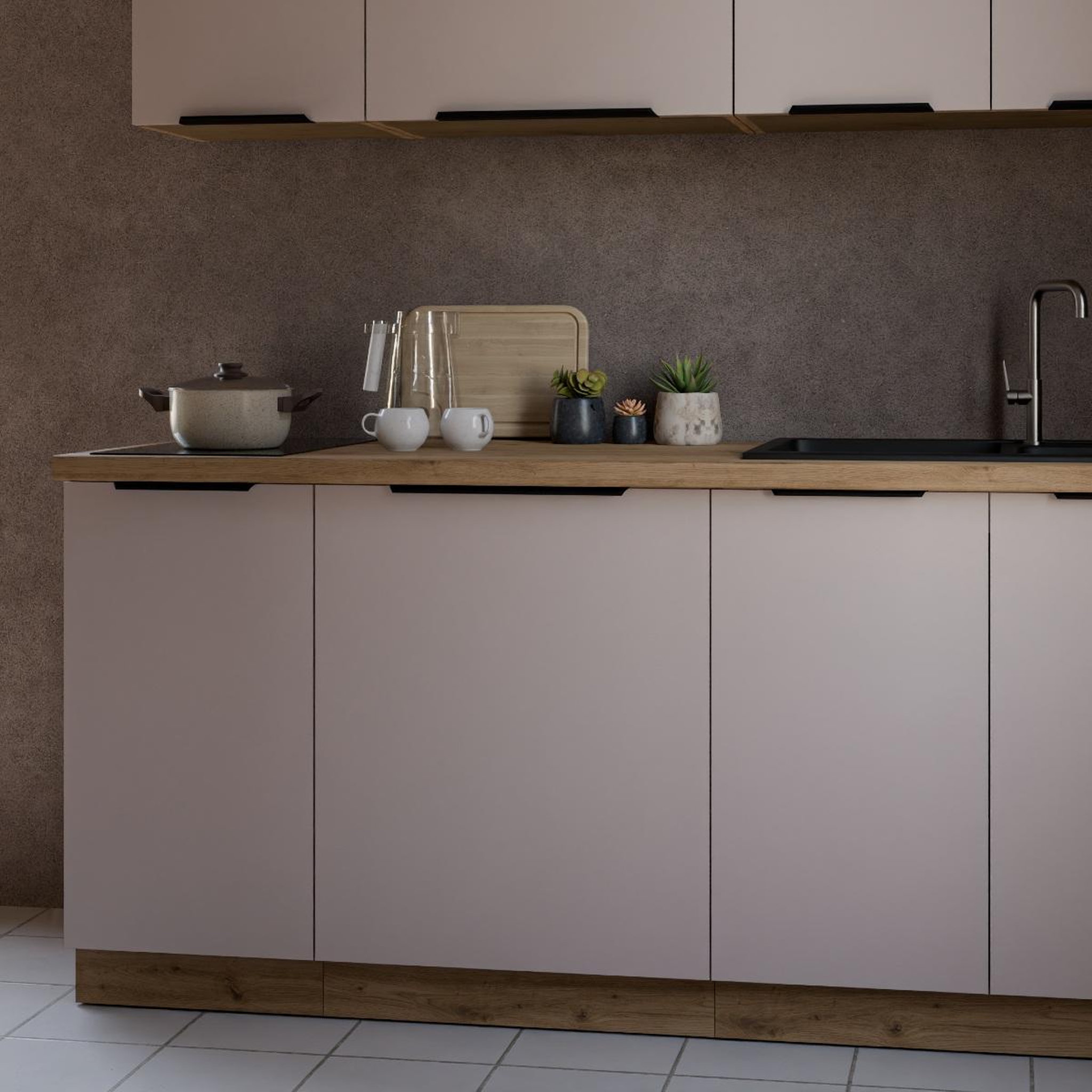 Voir la diapositive 3 : JLC KREATION Cuisine complète moderne beige et bois 180cm ELISA