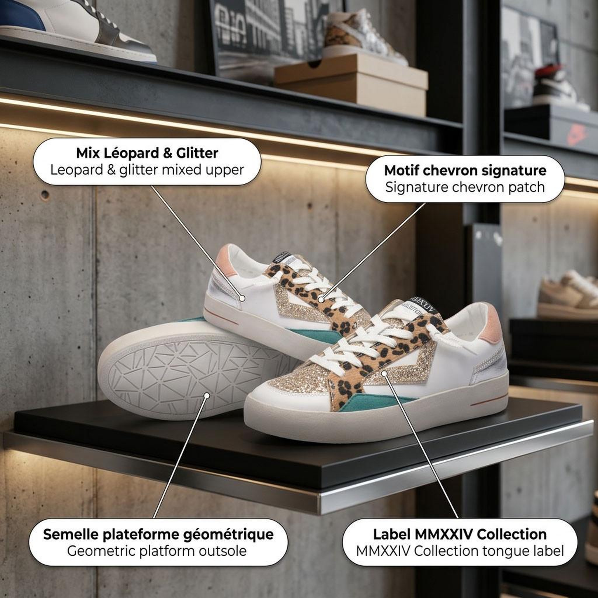 Voir la diapositive 4 : OZABI OZABI Sneakers Léopard Glitter Femme Plateforme MMXXIV