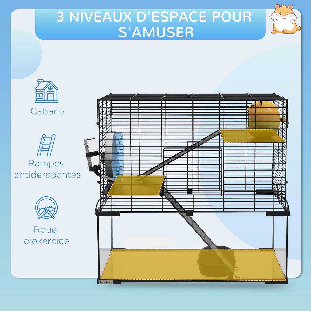 PAWHUT Cage rongeur hamster, 3 niveaux avec roue, rampes, maisonnette, abreuvoir, mangeoire, 60L x 40l x 57H cm, noir