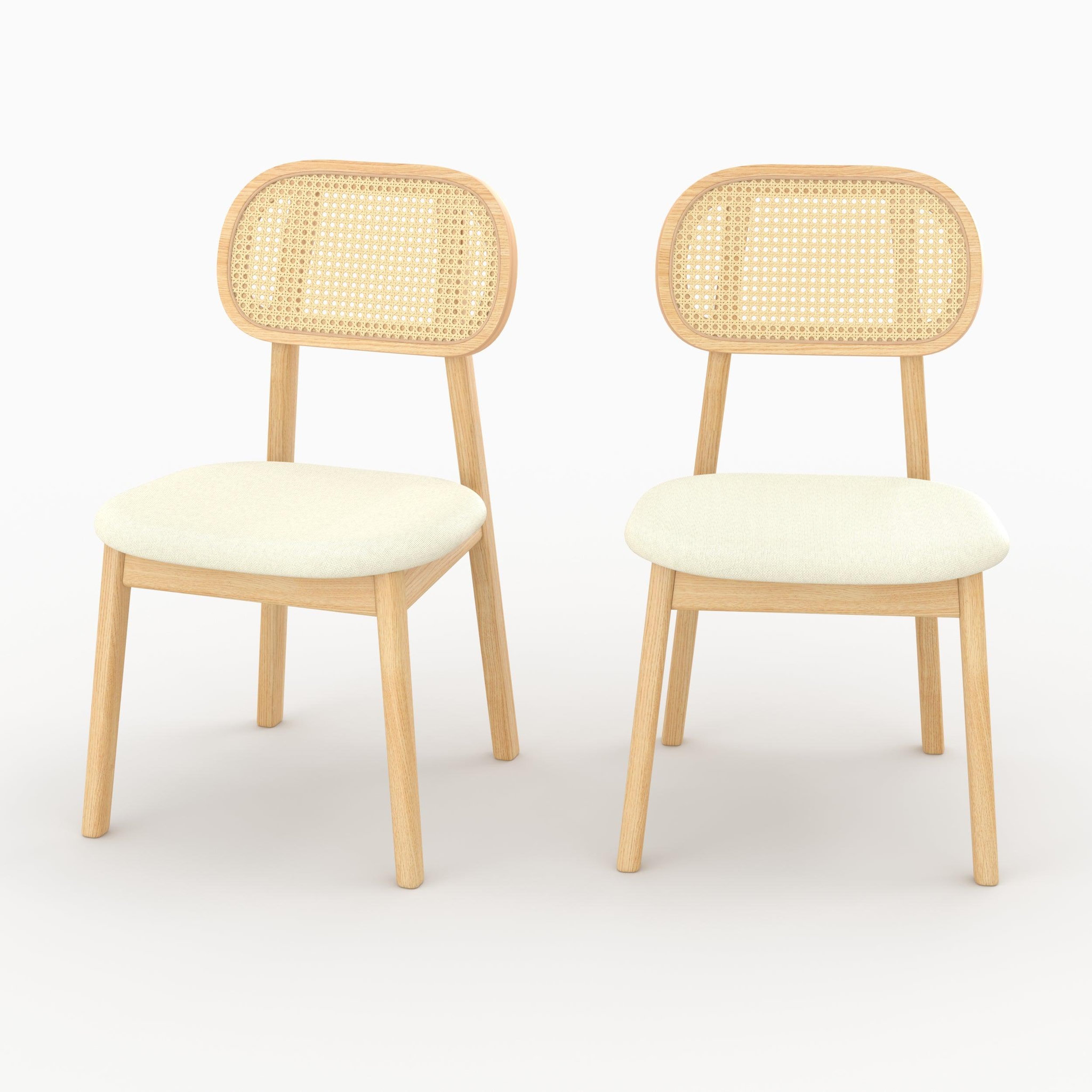 MAISON PAVANE Lot de 2 chaises en bois clair, tissu beige et rotin synthétique-maria