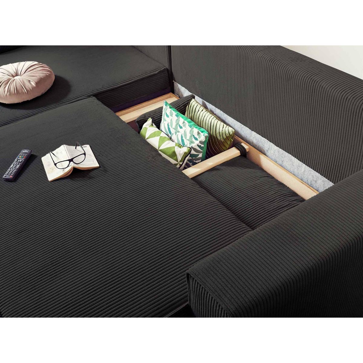 BEST MOBILIER Dellia - canapé d'angle réversible convertible - avec coffre - en velours côtelé - 4 places