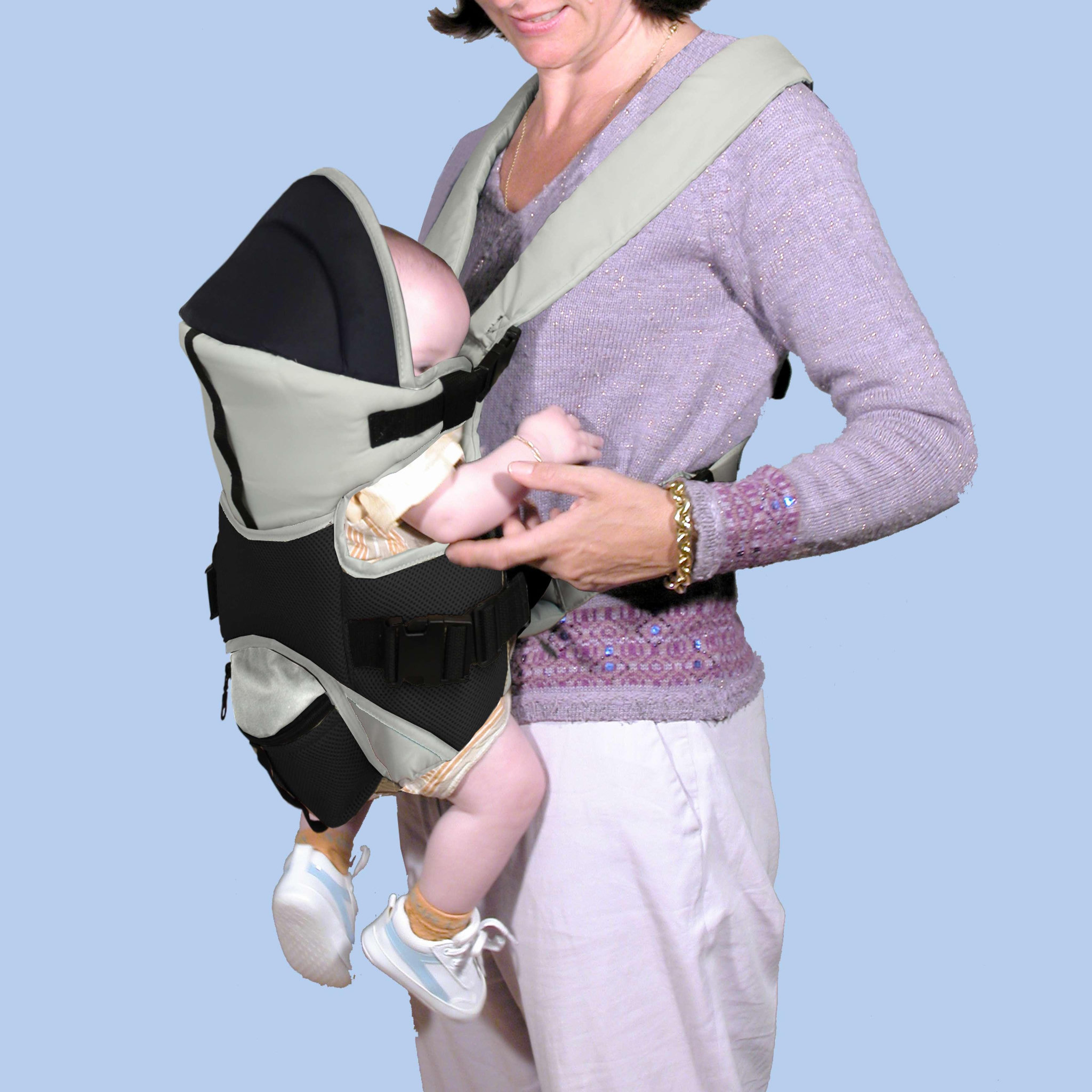 Voir la diapositive 2 : BAMBISOL Bambisol Porte Bébé Ventral | Bavoir Intégré, Visière | Noir Taupe