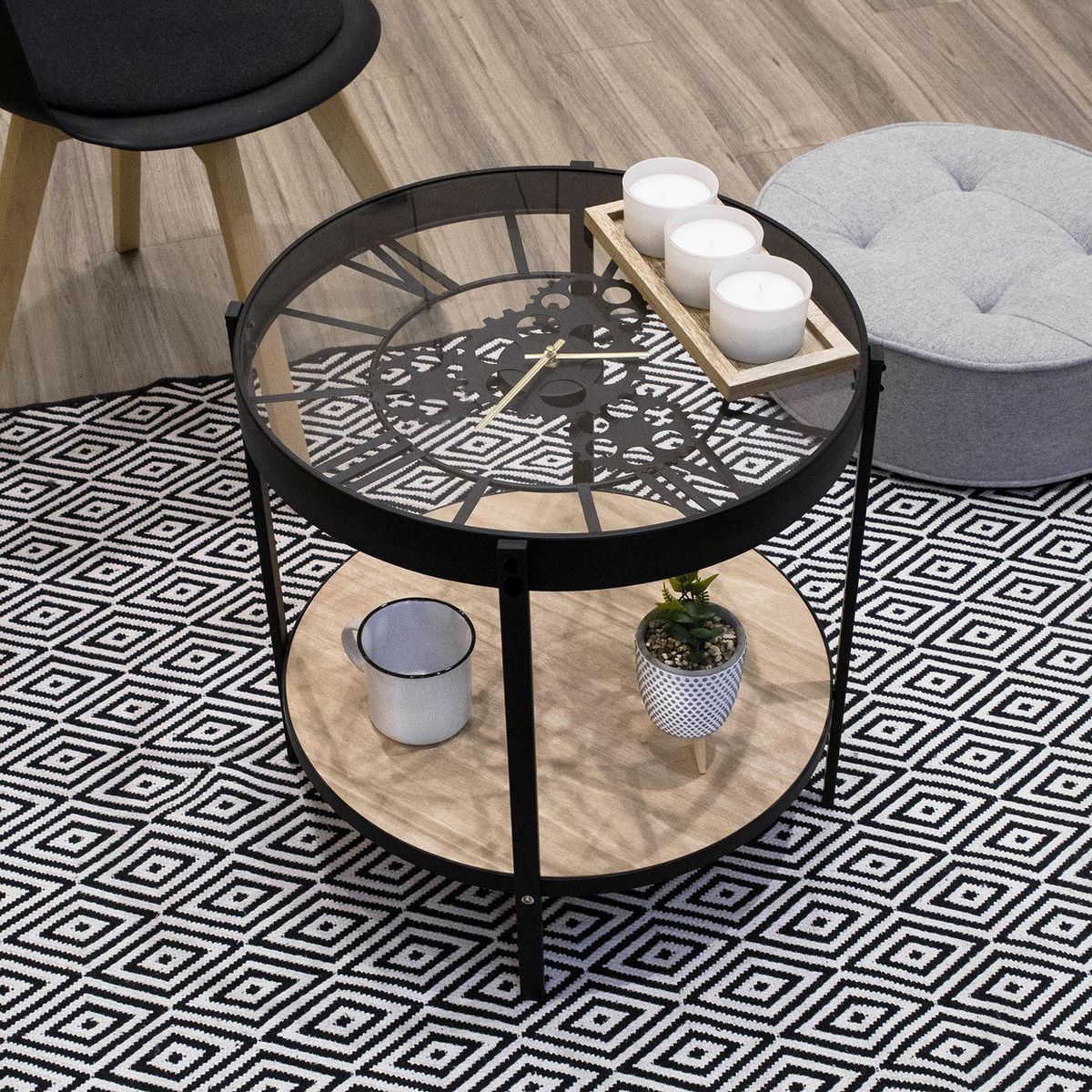 The Home Deco Factory Table d'appoint design horloge vintage Oscar - Diam. 50 x H. 50 cm - Noir