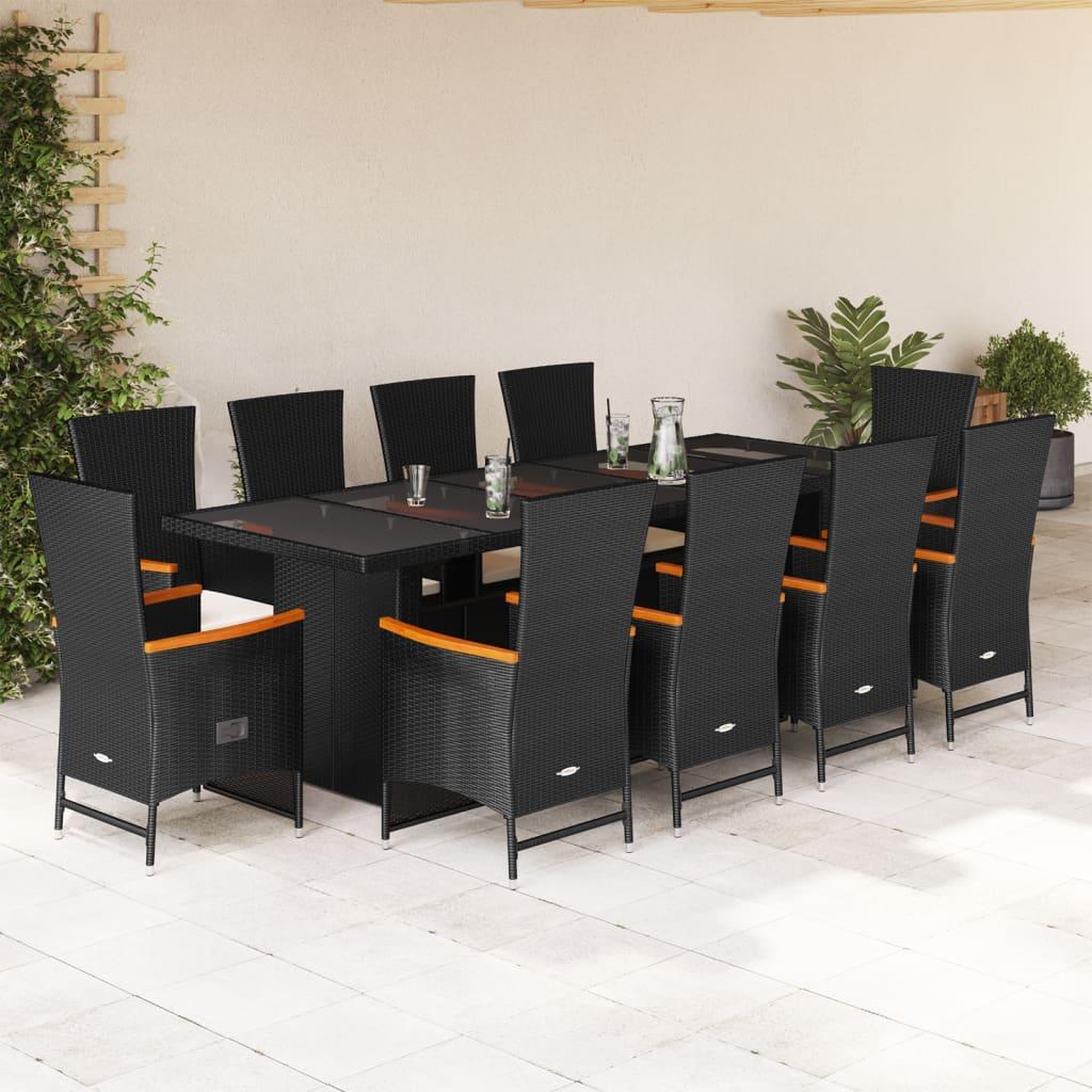 VIDAXL Ensemble a manger de jardin 11 pcs coussins noir resine tressee