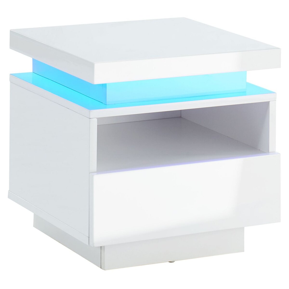 Table de chevet à LED laqué blanc brillant 1 tiroir et 1 niche 40cm ODYSSEE
